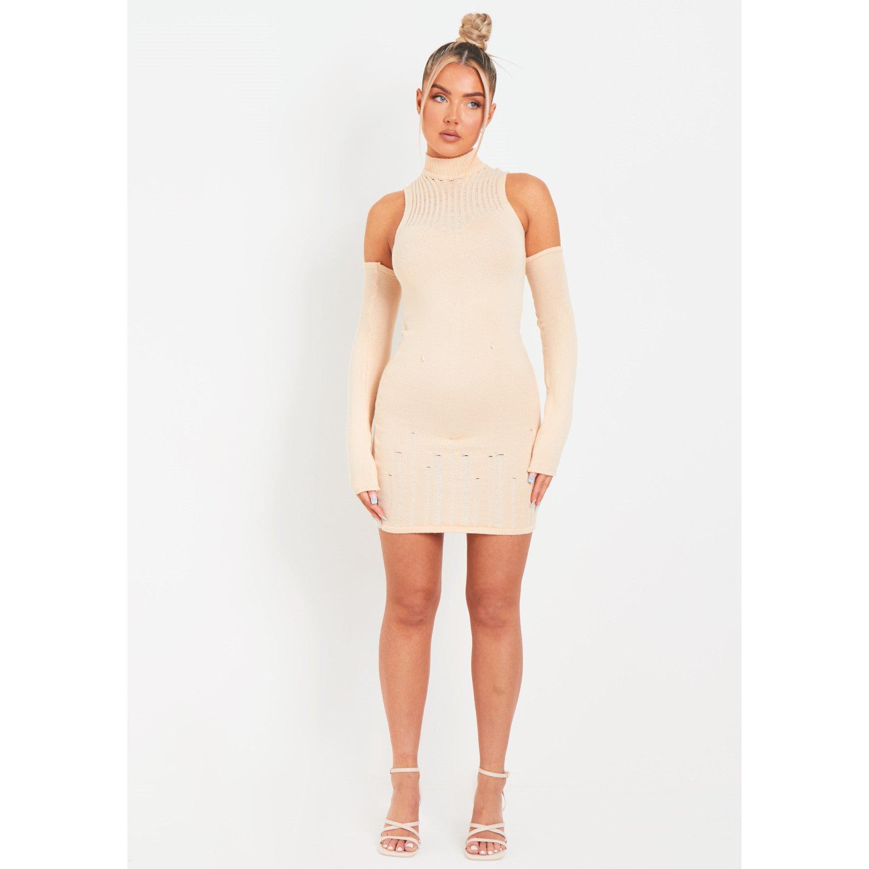 Stone - Missy Empire - Laddered Knitted Mini Dress With Sleeves