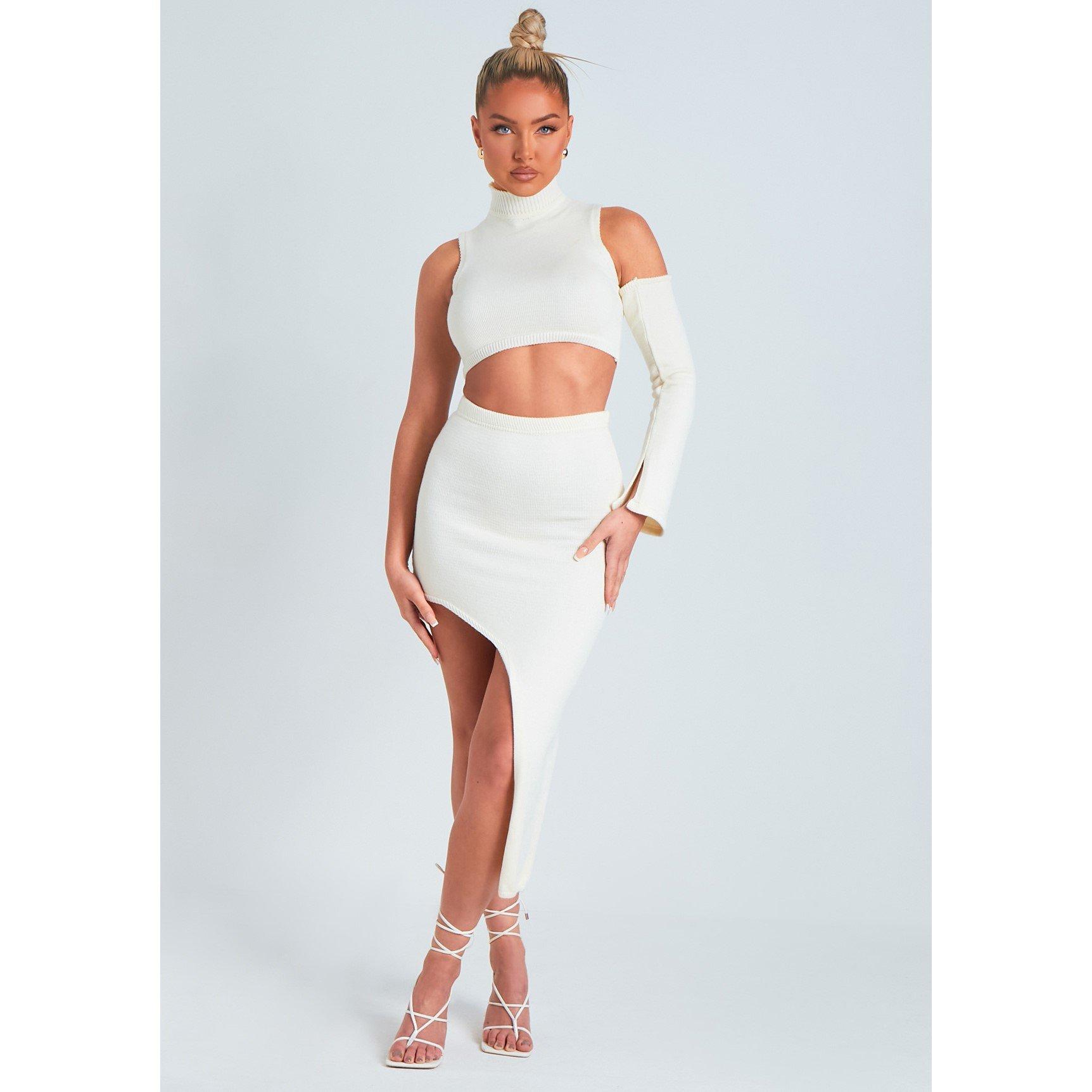 Missy Empire Women's Side Split Knitted Midi Skirt - Cream - 8 (XS)