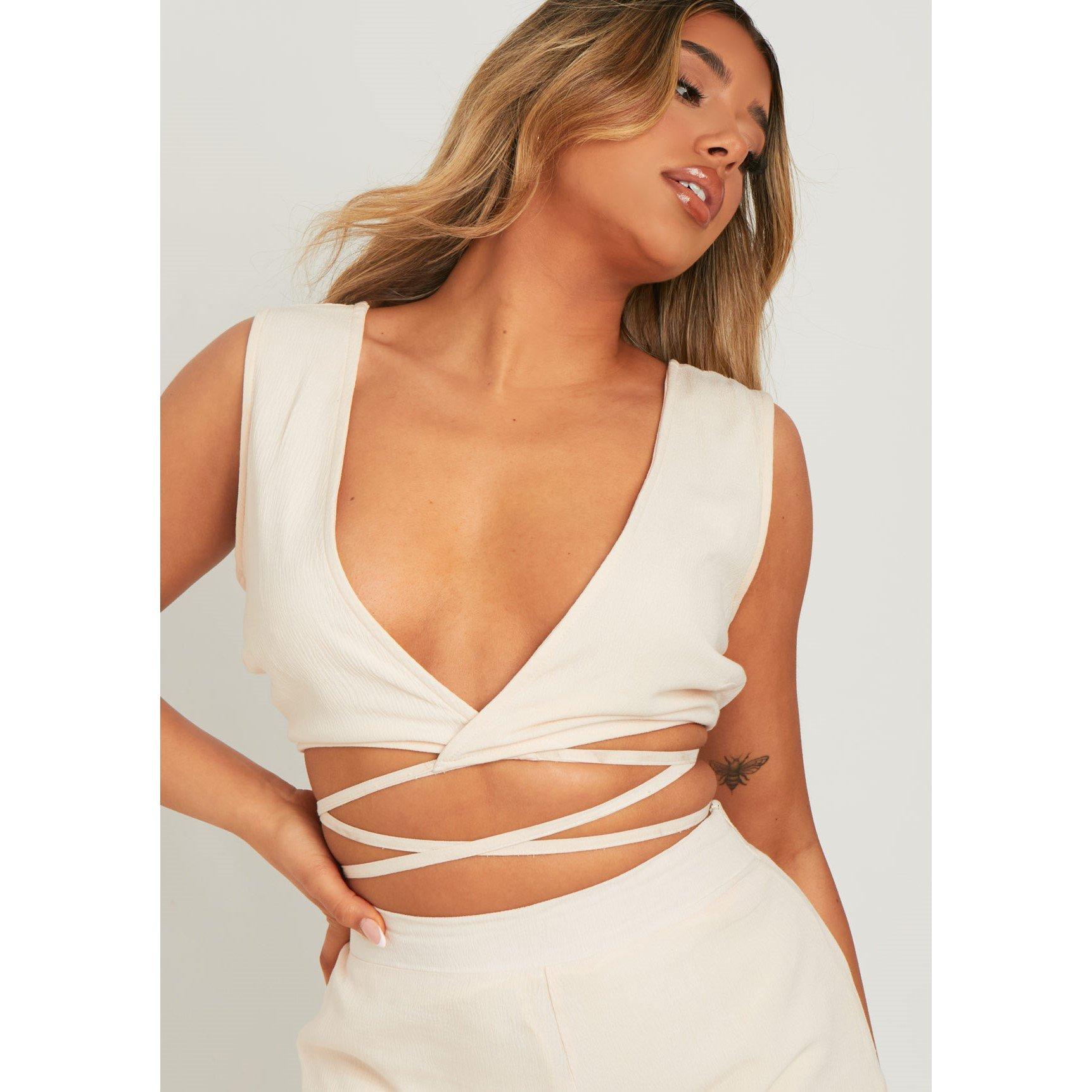Missy Empire Women's Linen Look Wrap Around Top - Ivory - 10 (S)