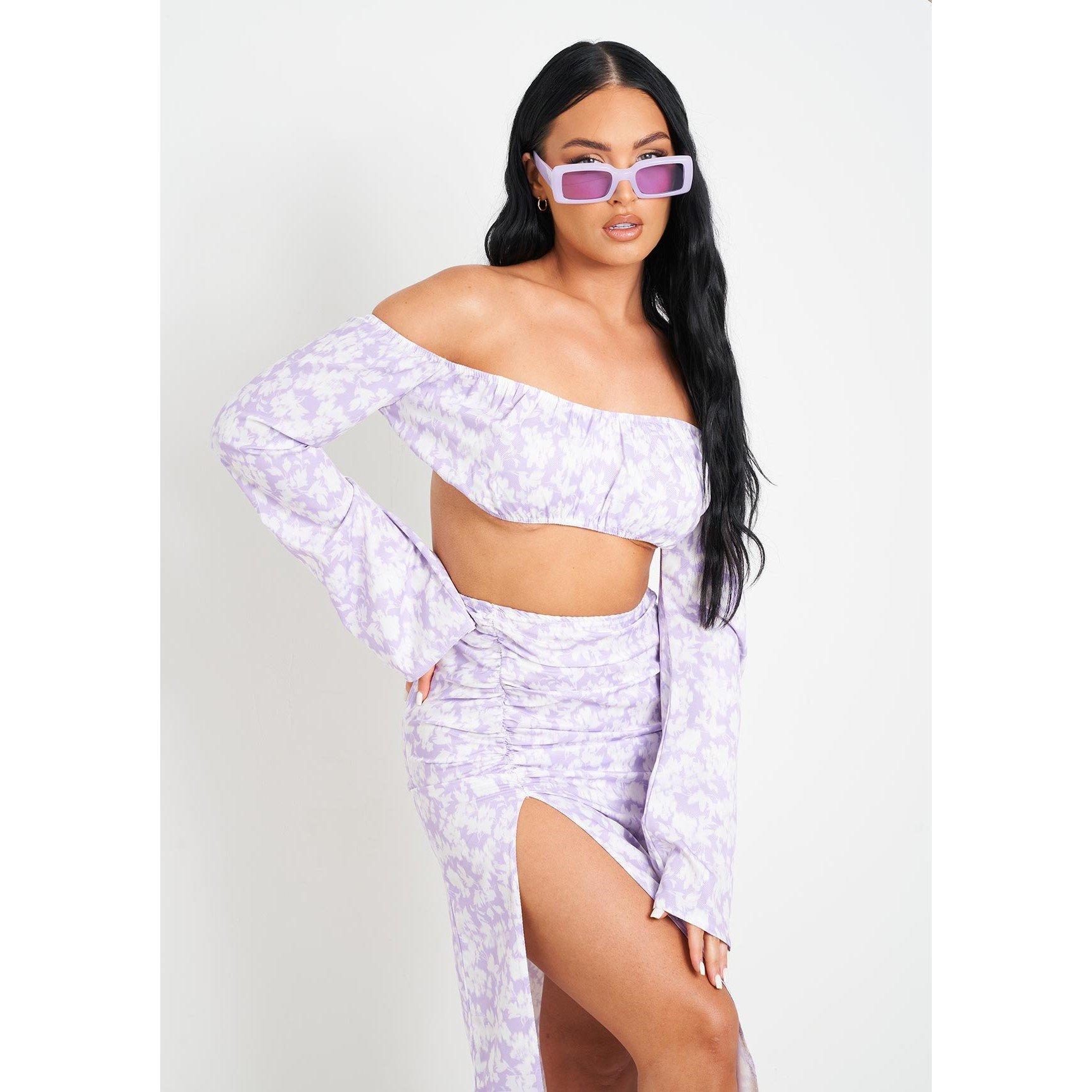 Missy Empire Women's Floral Print Bardot Long Sleeve Crop Top - Lilac - 6 (2XS)