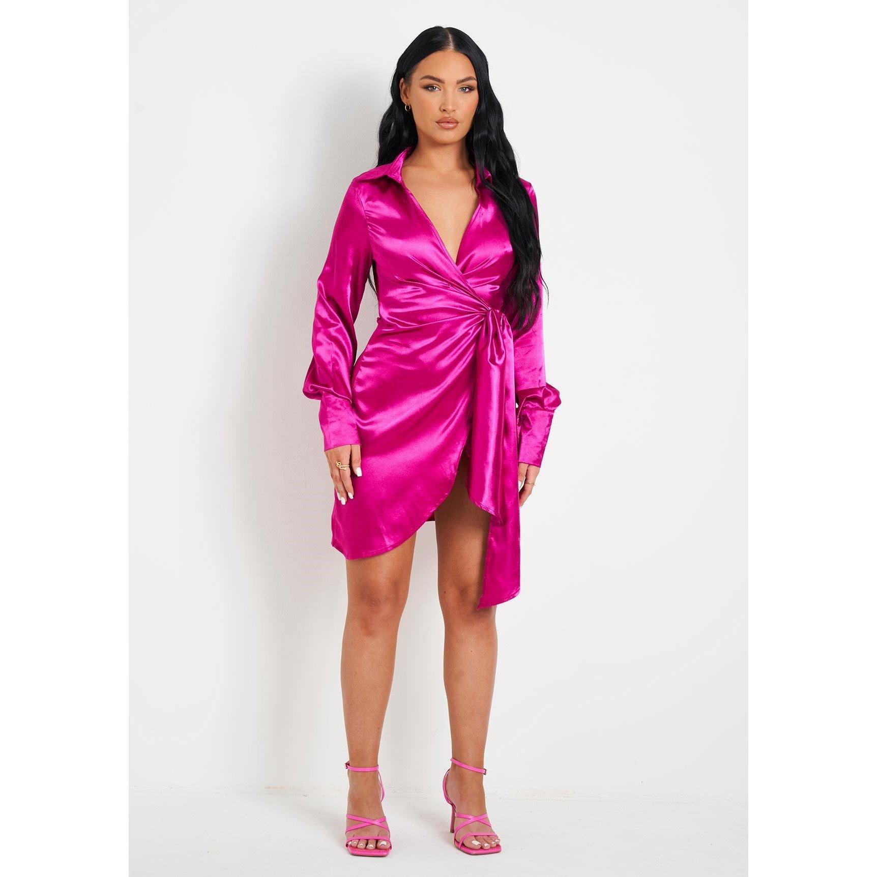 Satin Tie Waist Wrap Plunge Mini Dress