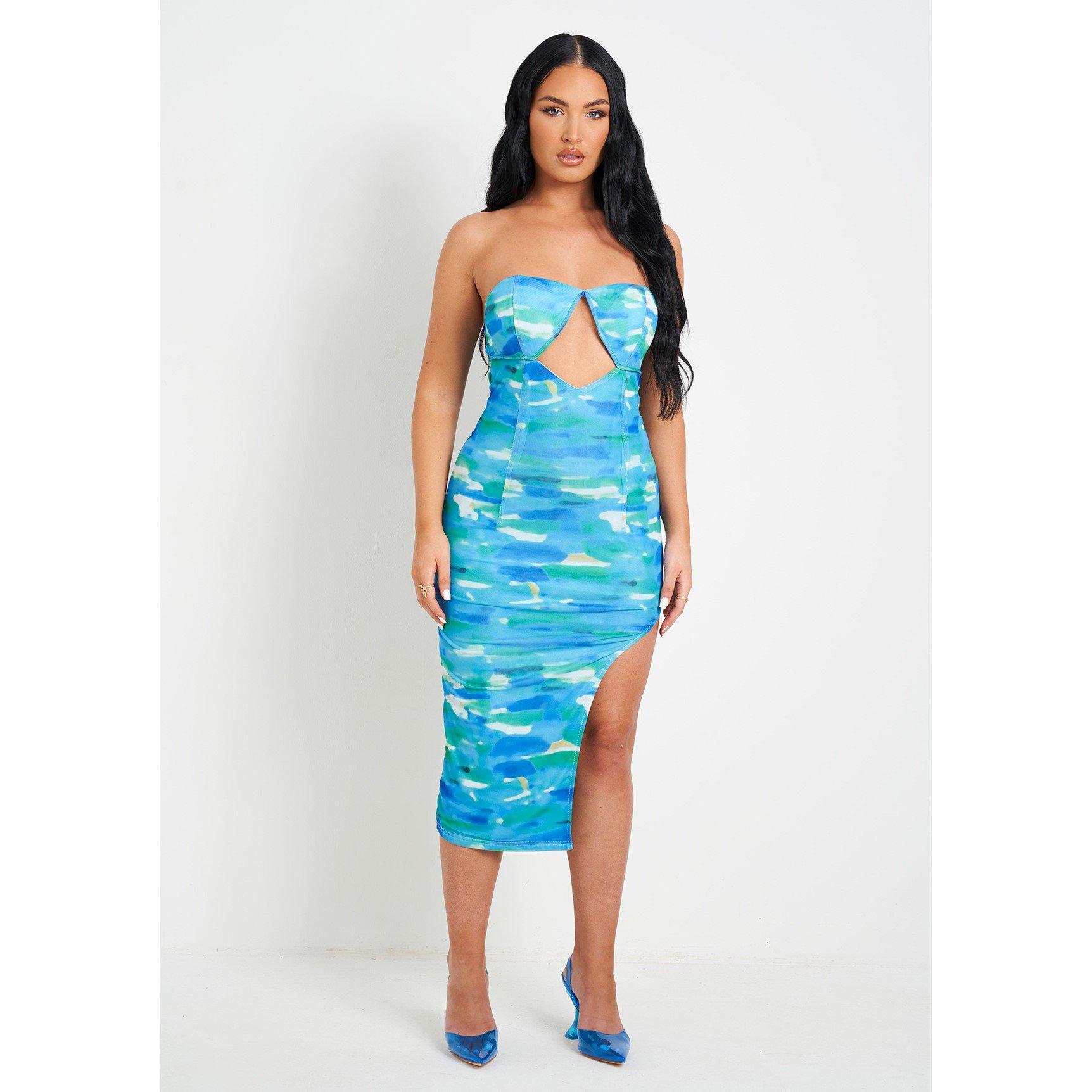 Blue - Missy Empire - Printed Cut Out Slit Mesh Midi Dress