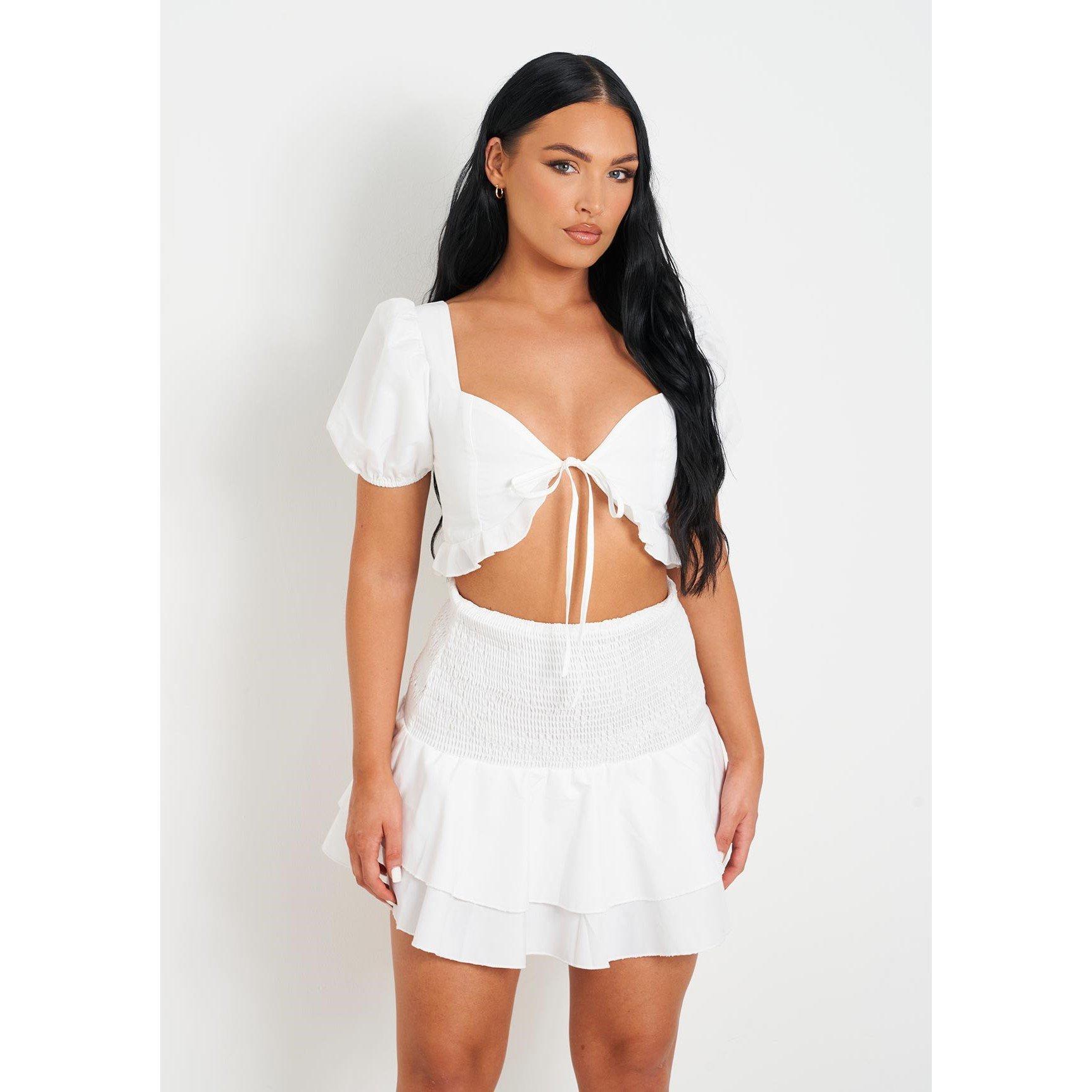 White - Missy Empire - Woven Shirred Back Tie Front Crop Top