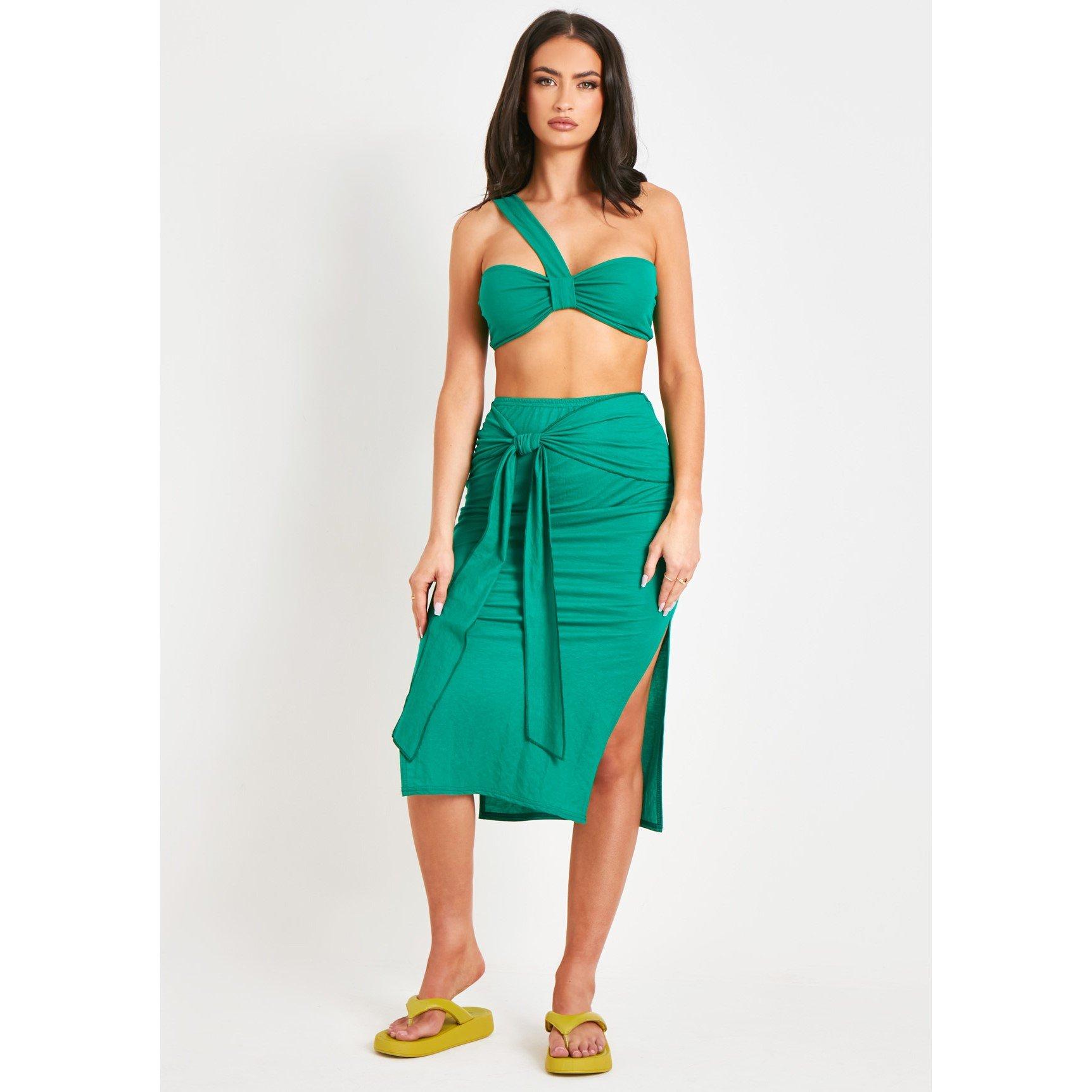 Green - Missy Empire - Woven Linen Midaxi Slit Skirt