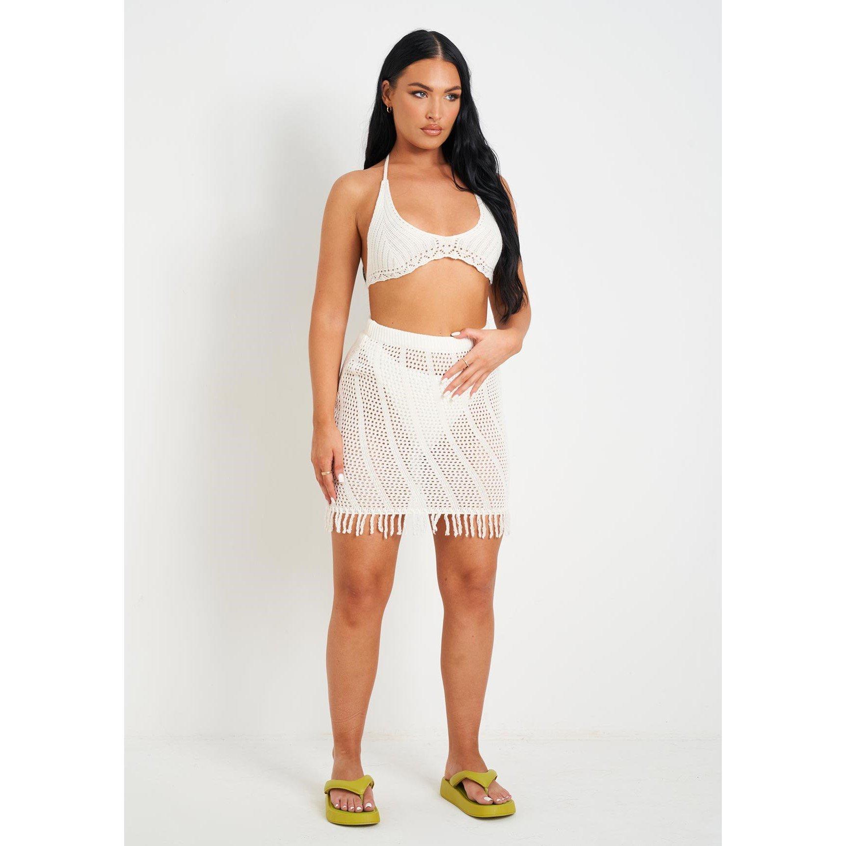 White - Missy Empire - Knitted Crochet Tassle Hem Mini Skirt