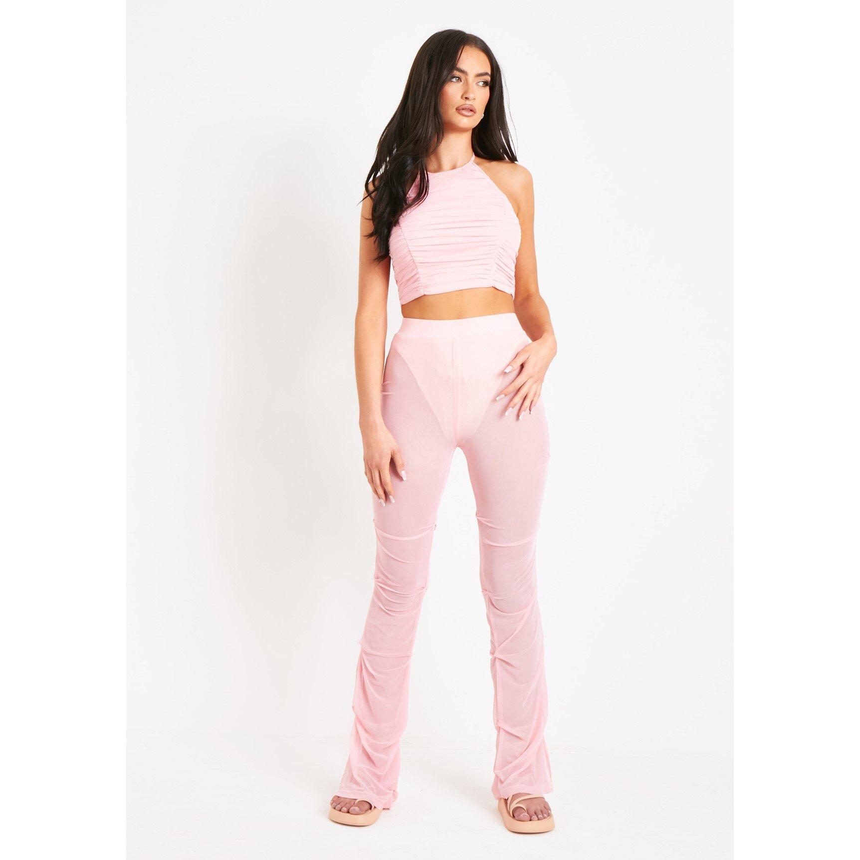 Pink - Missy Empire - Mesh Tack Side Flare Trouser