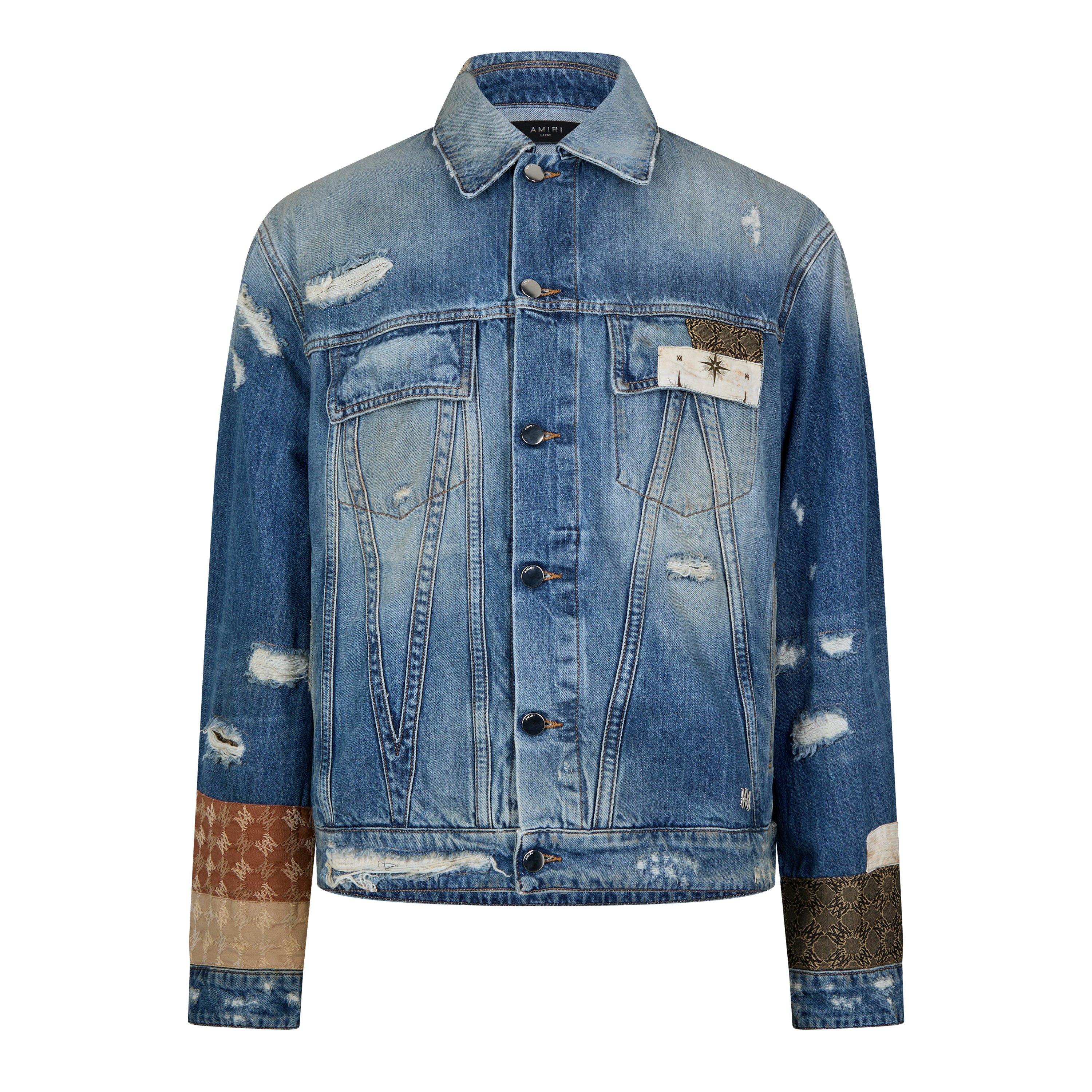 Amiri Men's Airpatch Trucker Distressed Long Sleeve Denim Jacket - Antique Indigo - L