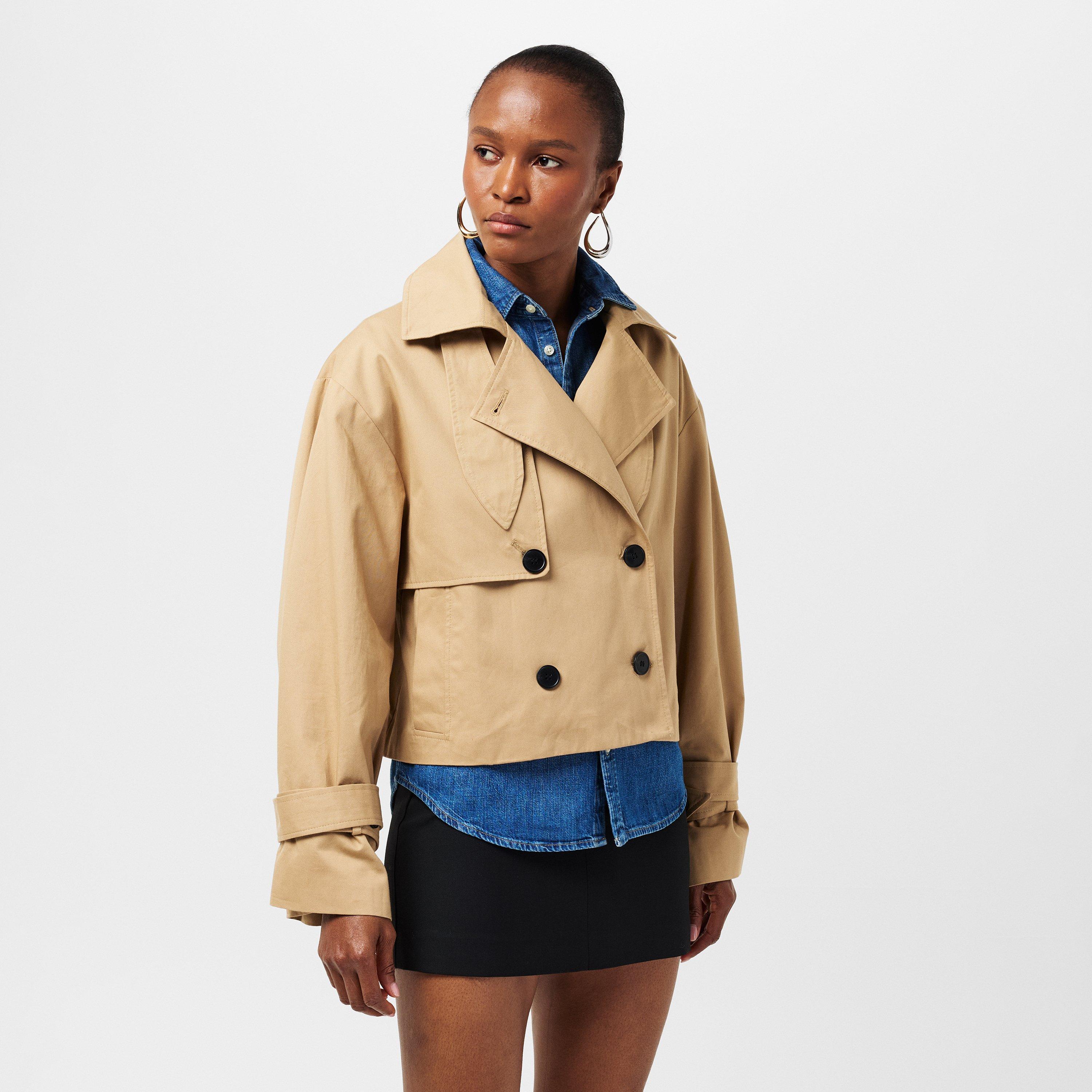 Beige - Edited - Women's Rosa Lightweight Cropped Double Breasted Cotton Long Sleeve Trench Coat - 3