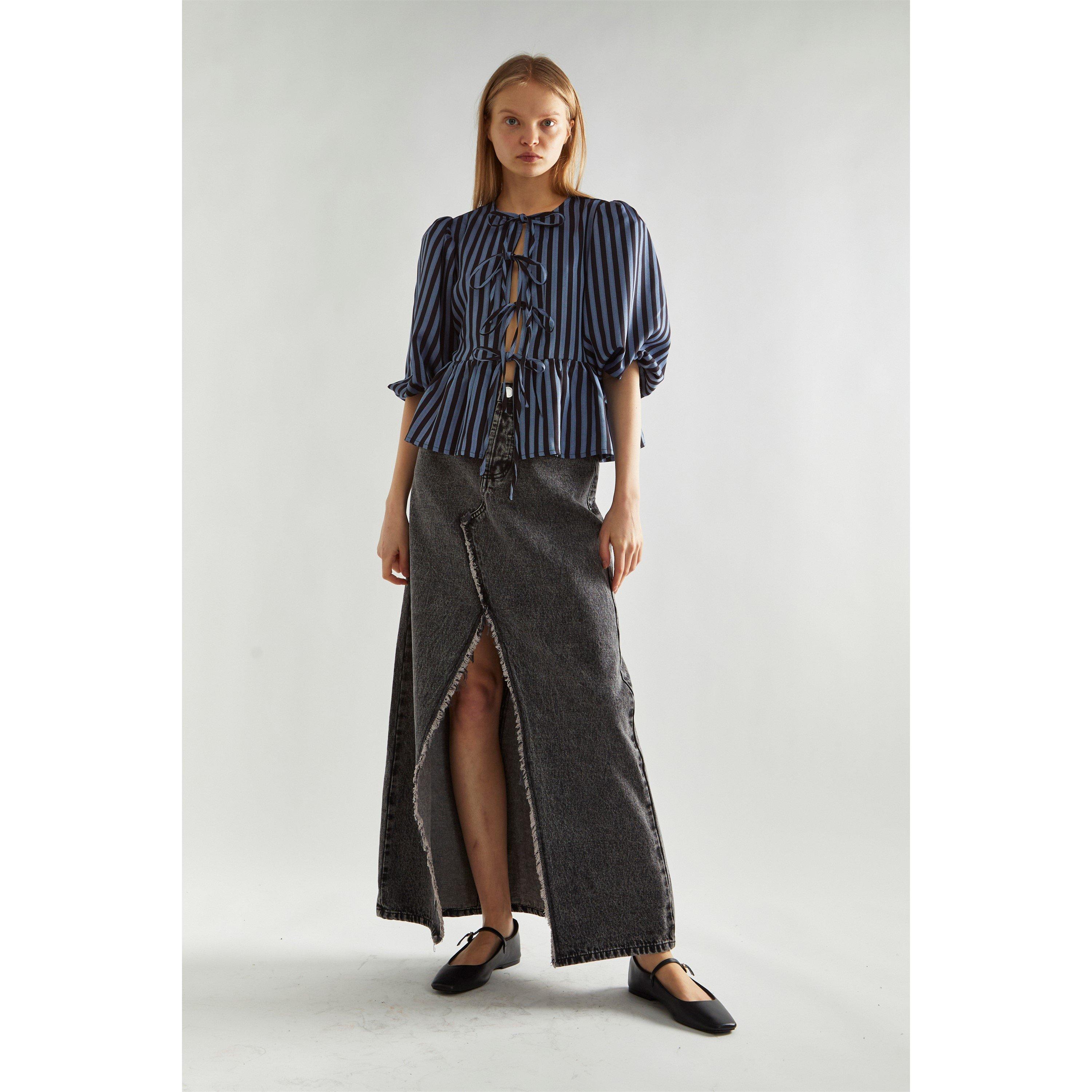 Blue - Glamorous - Blue-Black Stripe Tie-Front -Top - 1
