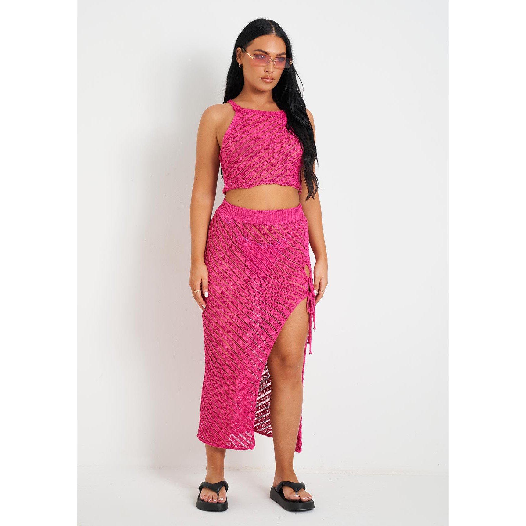 Pink - Missy Empire - Crochet Knit Beach Crop Top And Midi Skirt Set