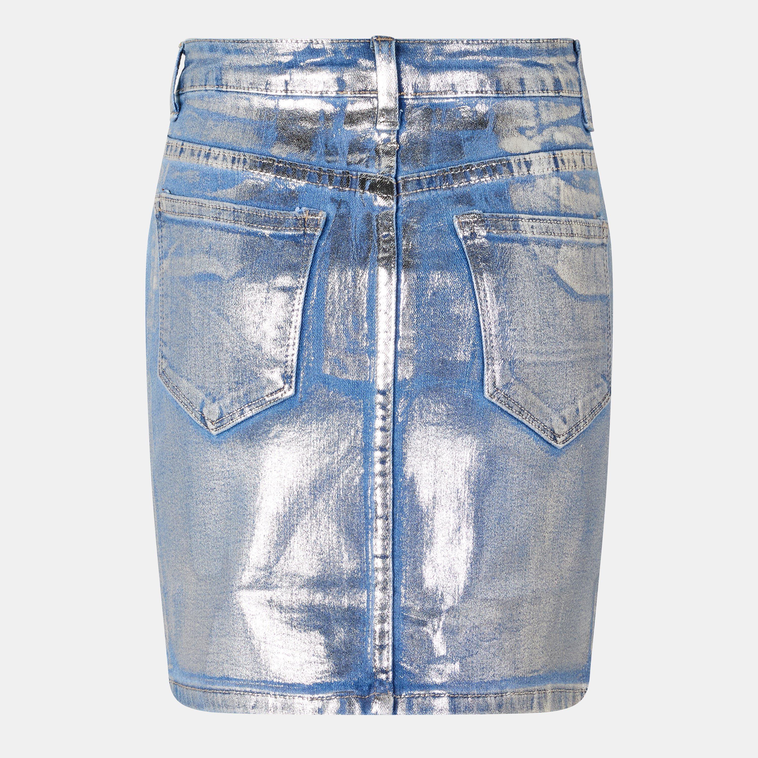 Blue - AmyLynn - Metallic Mini Denim Skirt - 2