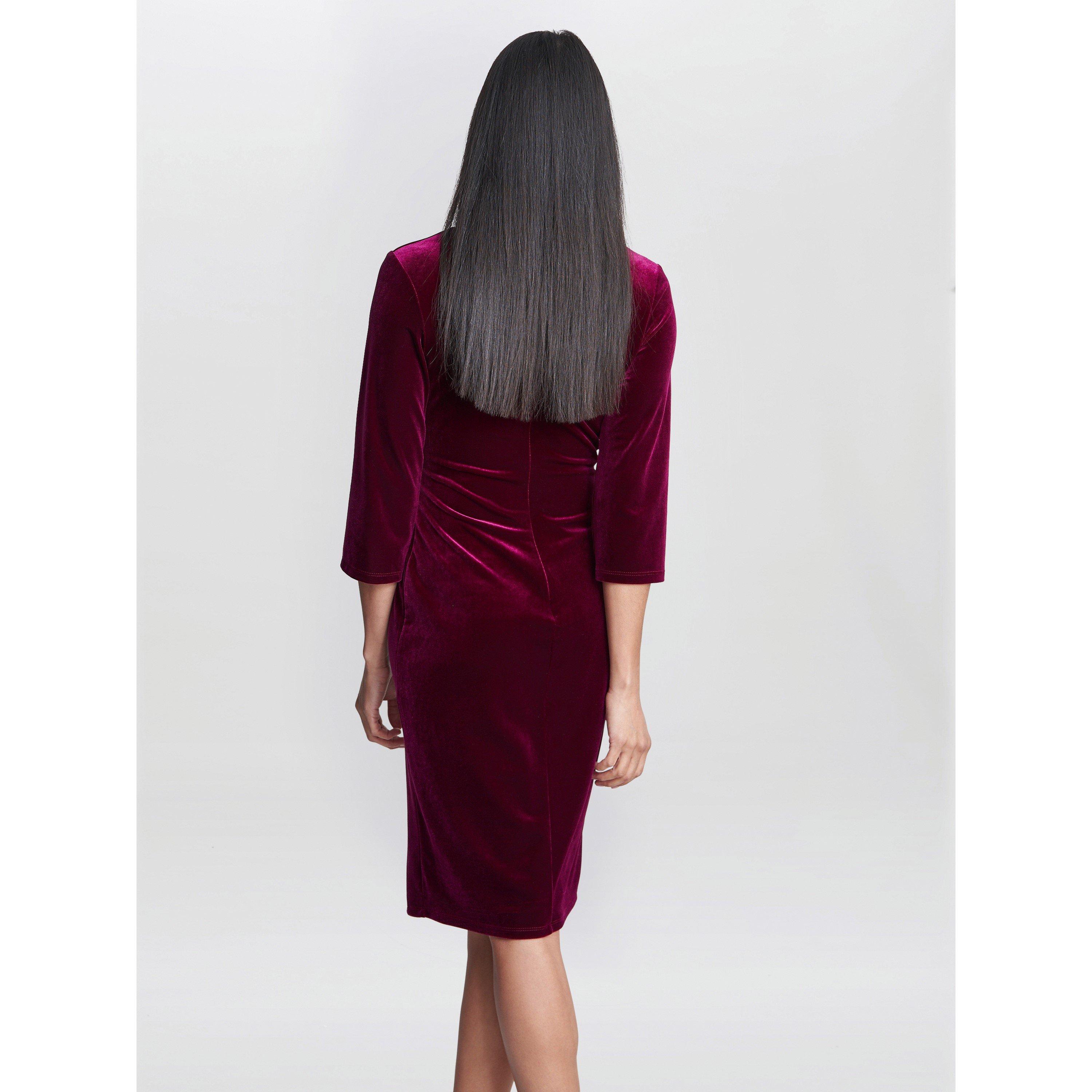 Wine - Gina Bacconi - Rachael Velvet Dress With Gold Trim - 2
