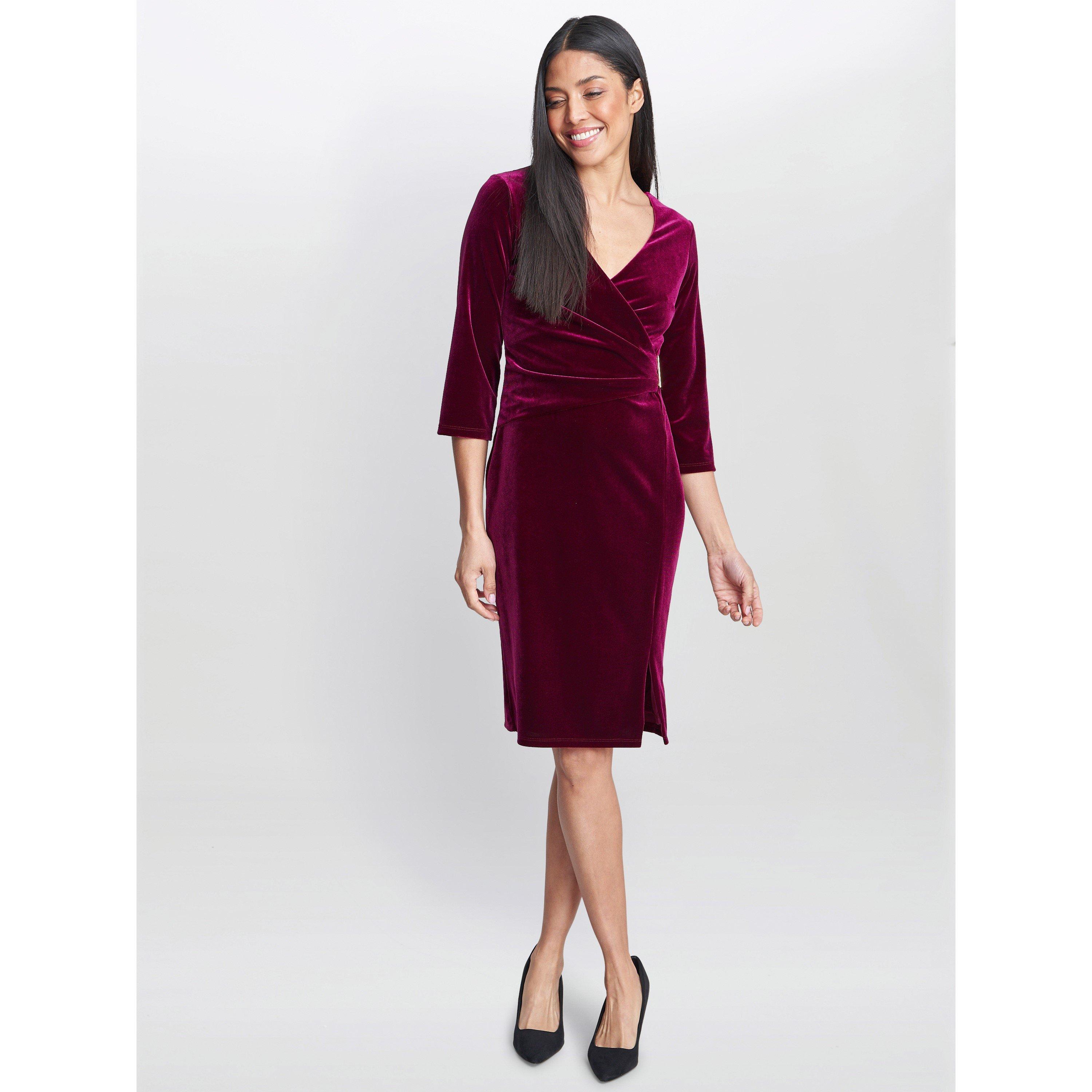 Wine - Gina Bacconi - Rachael Velvet Dress With Gold Trim - 3