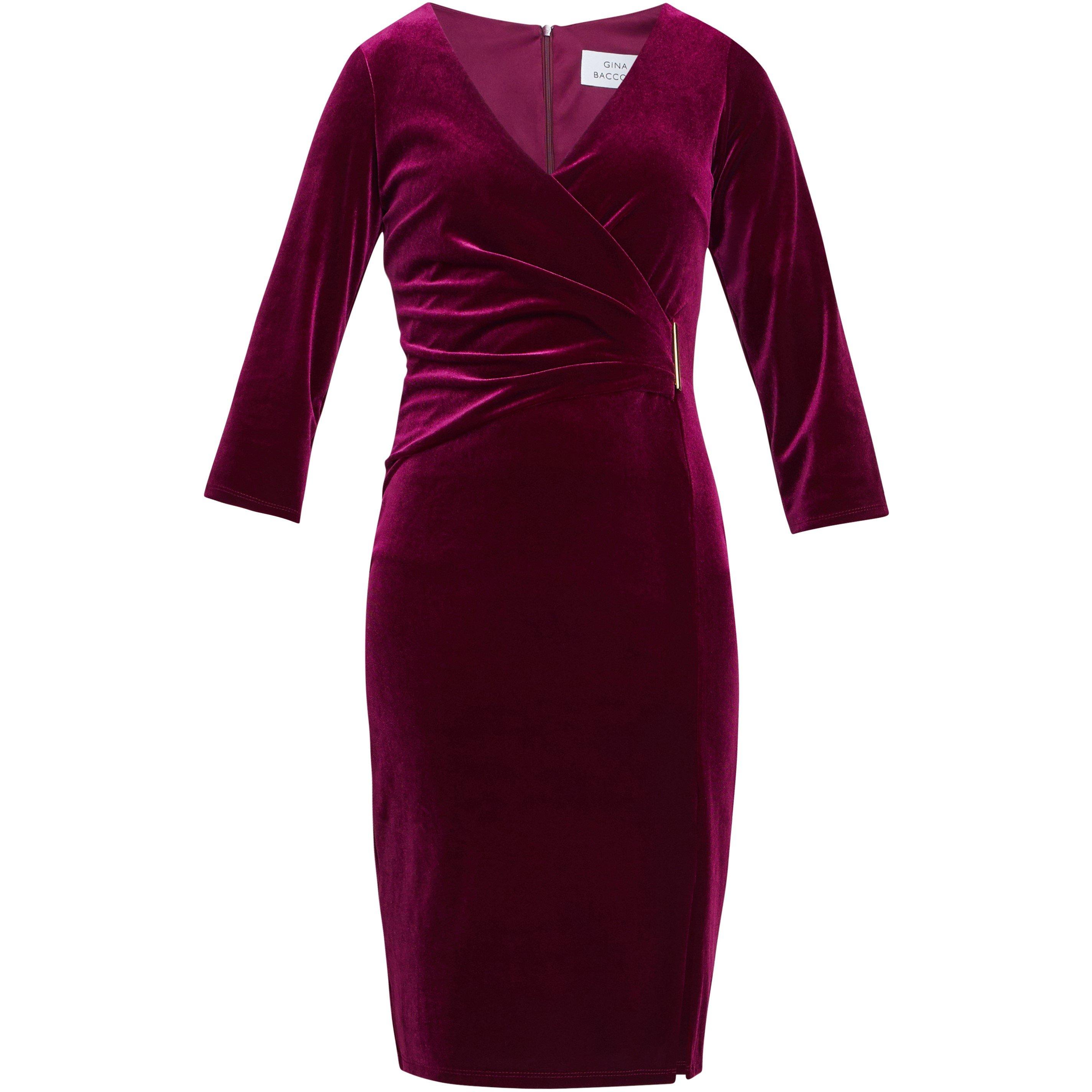 Wine - Gina Bacconi - Rachael Velvet Dress With Gold Trim - 4