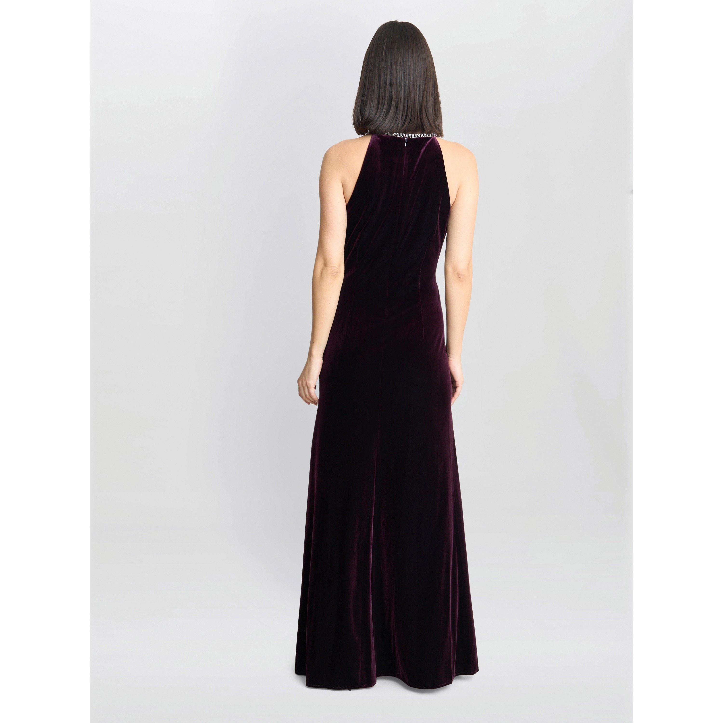 Aubergine - Gina Bacconi - Deedee Velvet Halter Keyhole Maxi Dress - 2