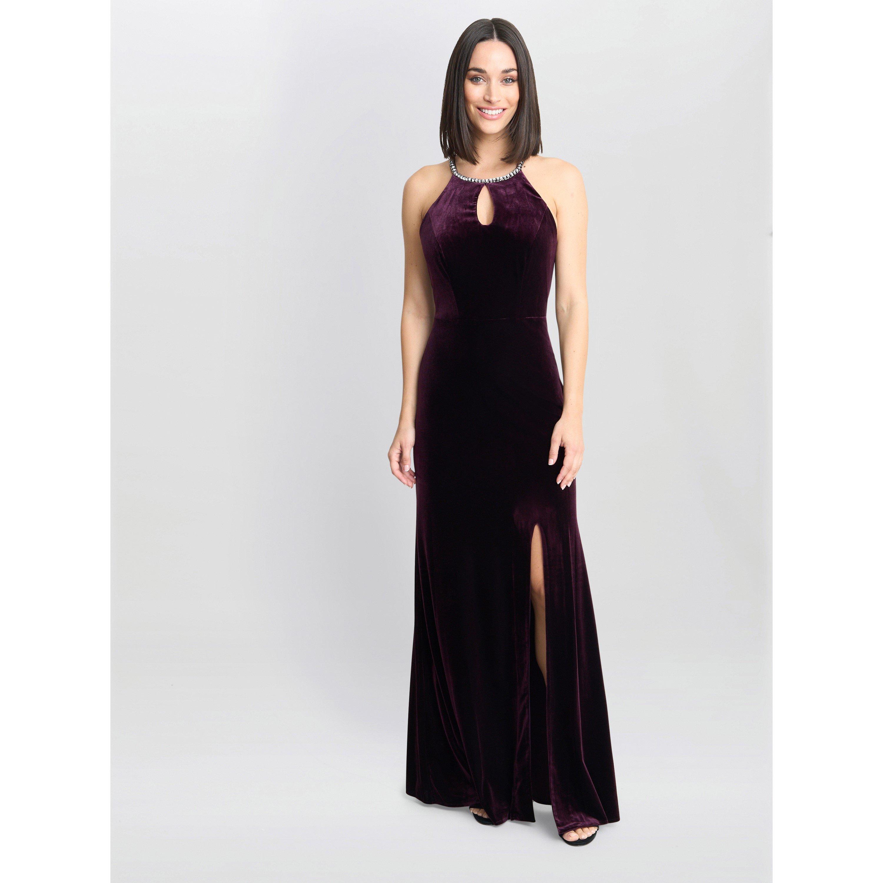 Aubergine - Gina Bacconi - Deedee Velvet Halter Keyhole Maxi Dress - 3