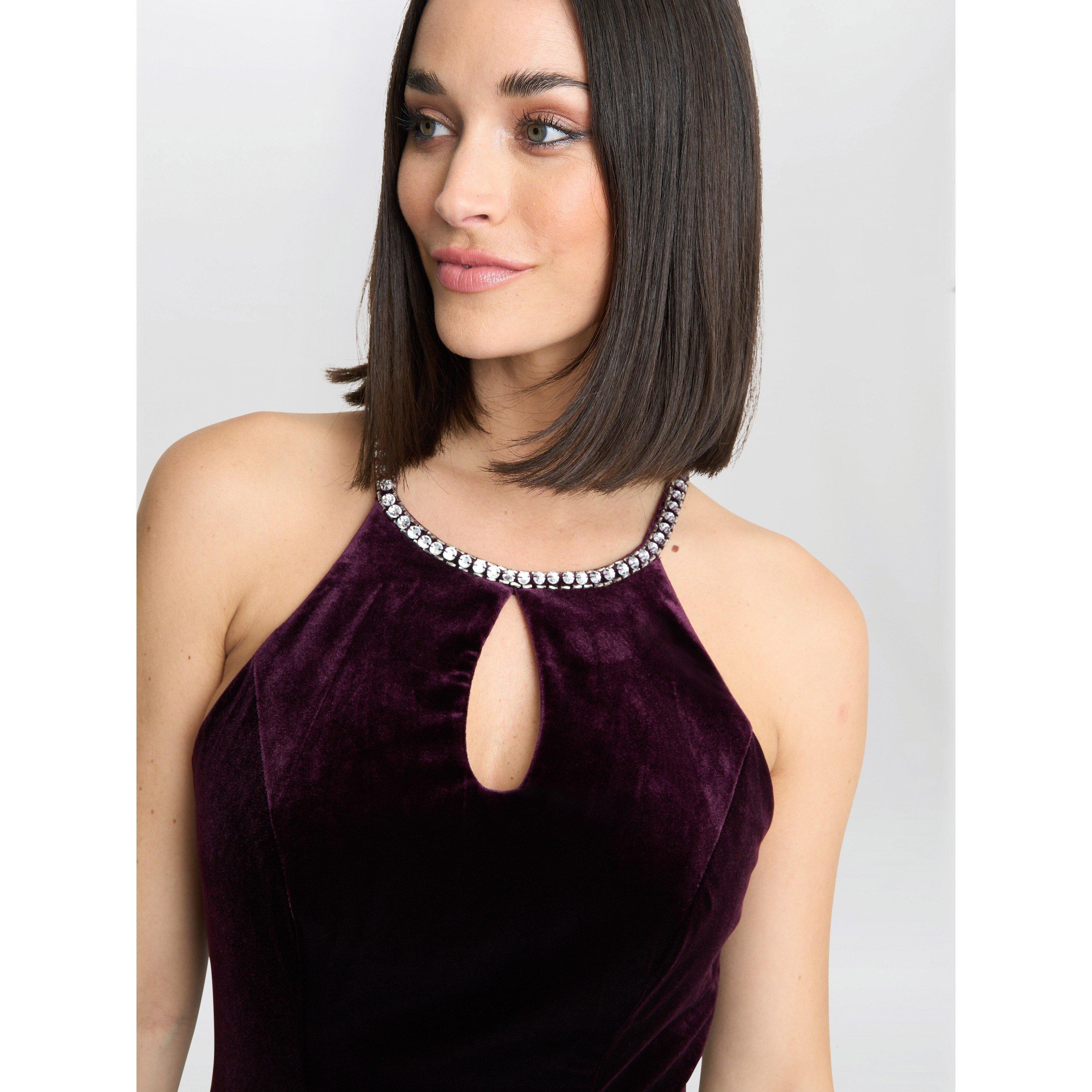 Aubergine - Gina Bacconi - Deedee Velvet Halter Keyhole Maxi Dress - 5