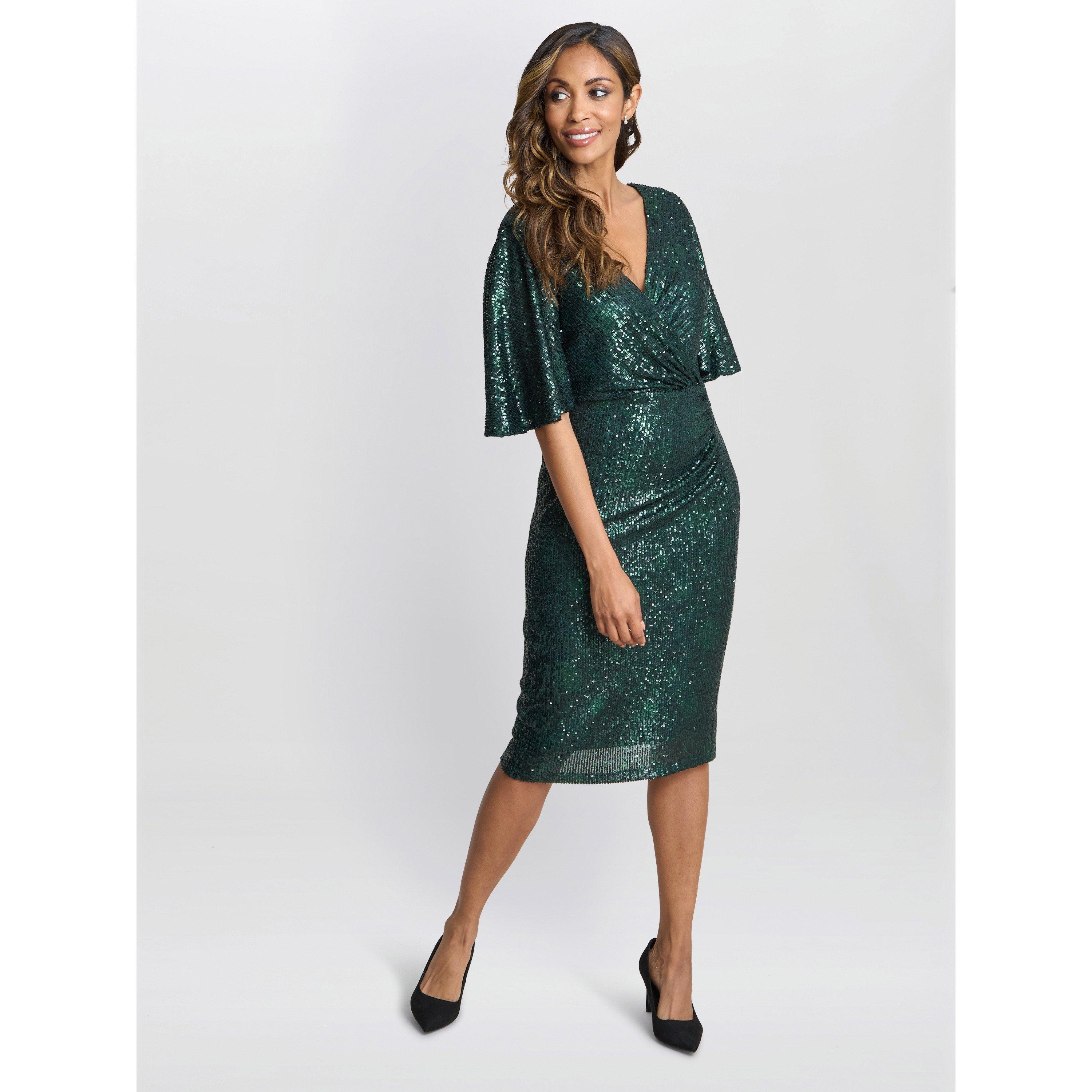 Green - Gina Bacconi - Jen Sequin Wrap-Look Dress - 3