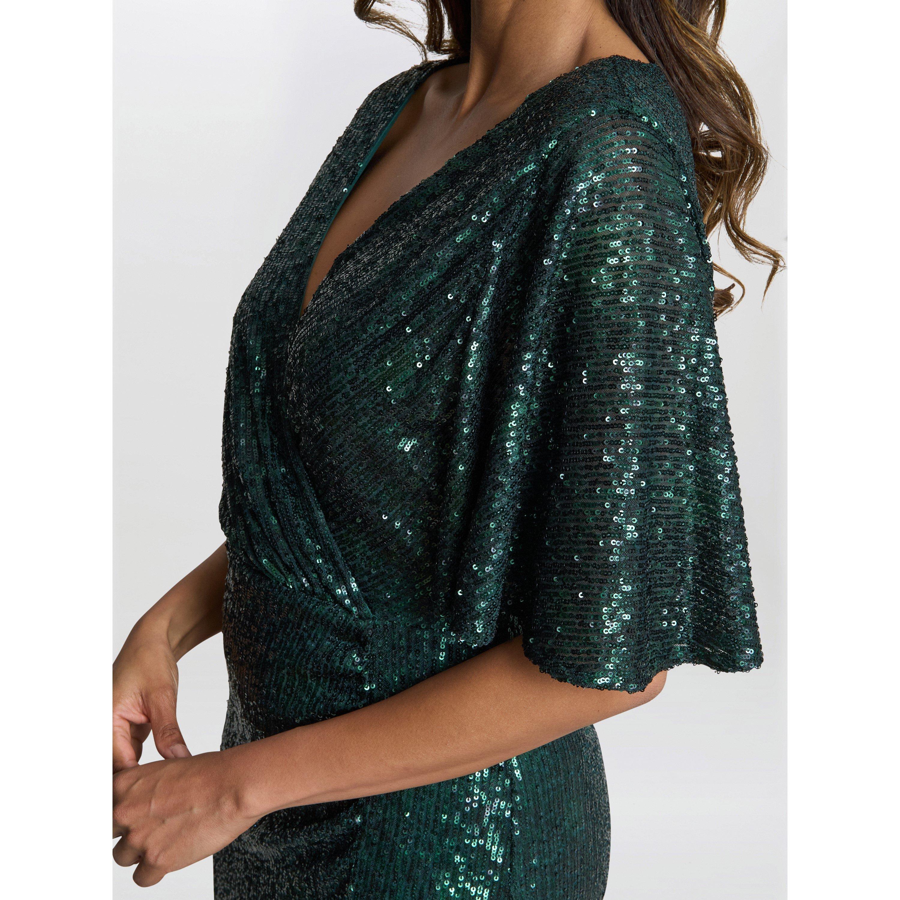Green - Gina Bacconi - Jen Sequin Wrap-Look Dress - 5
