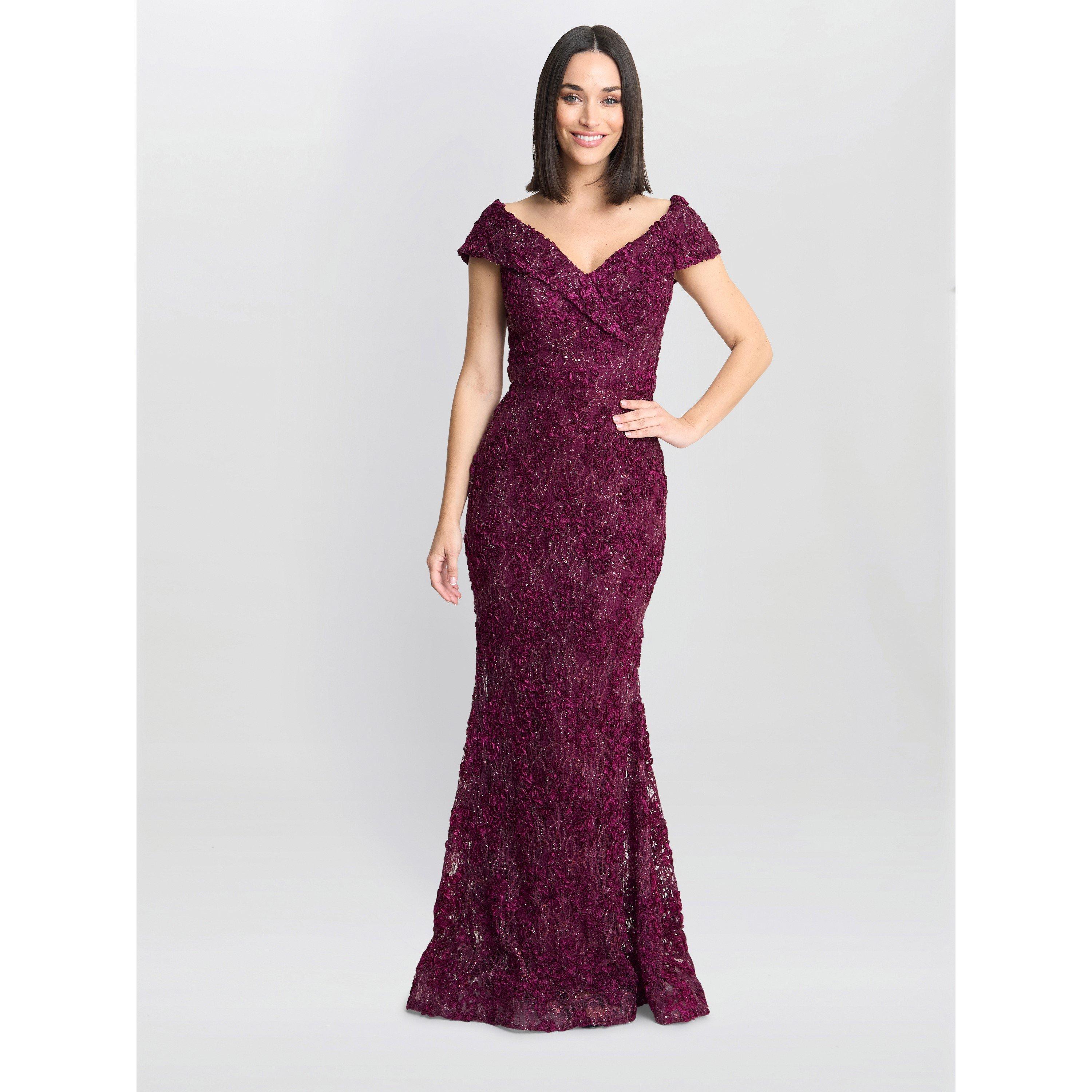 Wine - Gina Bacconi - Brigette Off Shoulder Lace Maxi Dress - 3