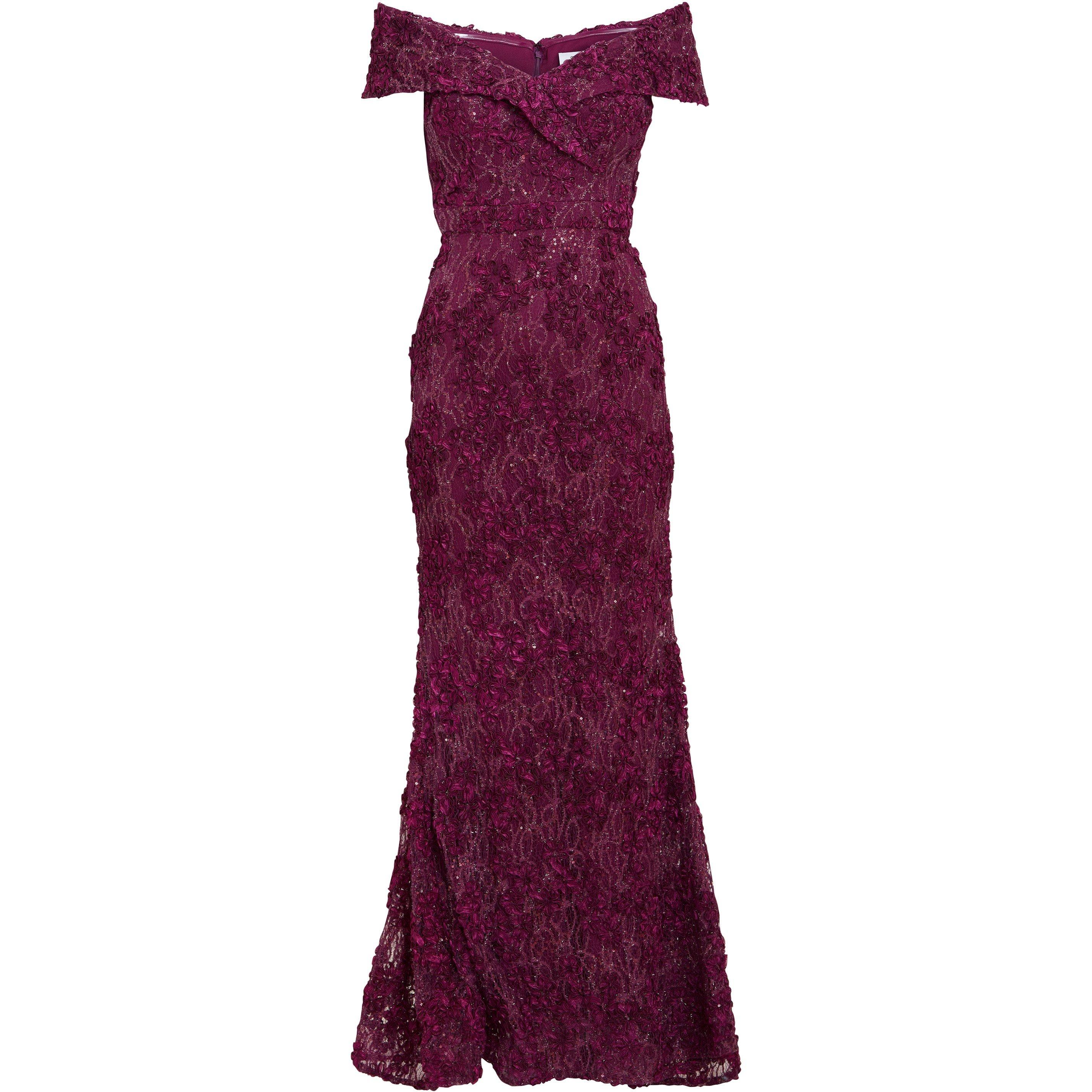 Wine - Gina Bacconi - Brigette Off Shoulder Lace Maxi Dress - 4
