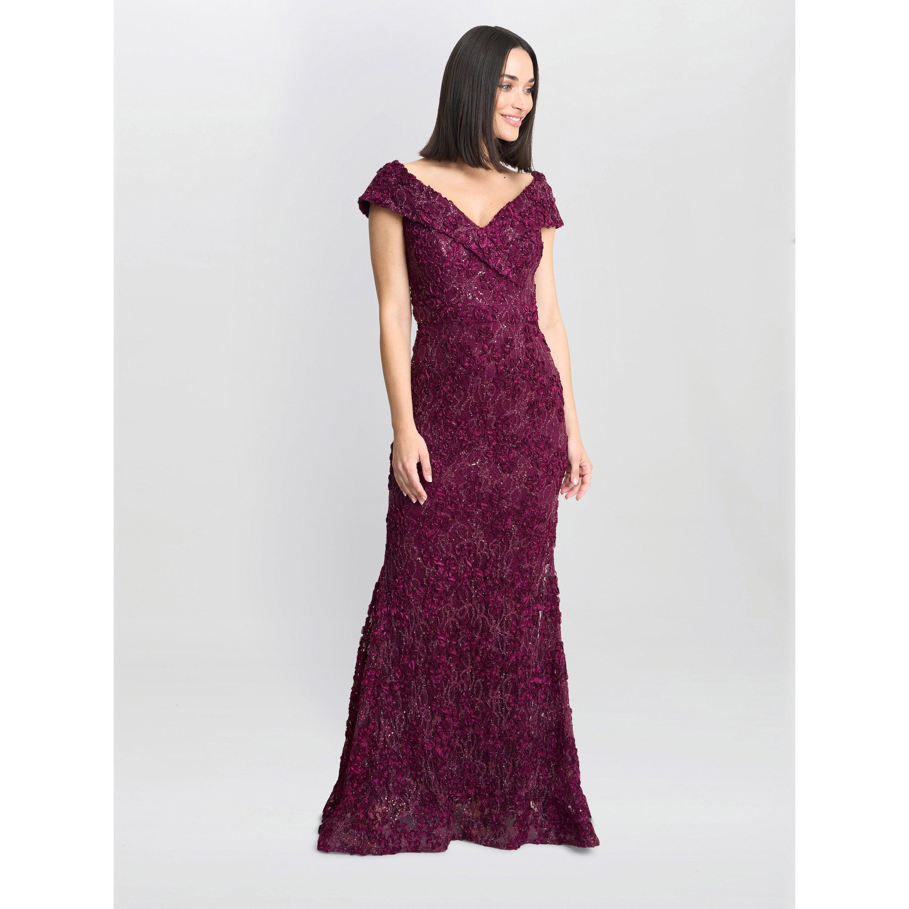 Wine - Gina Bacconi - Brigette Off Shoulder Lace Maxi Dress - 6