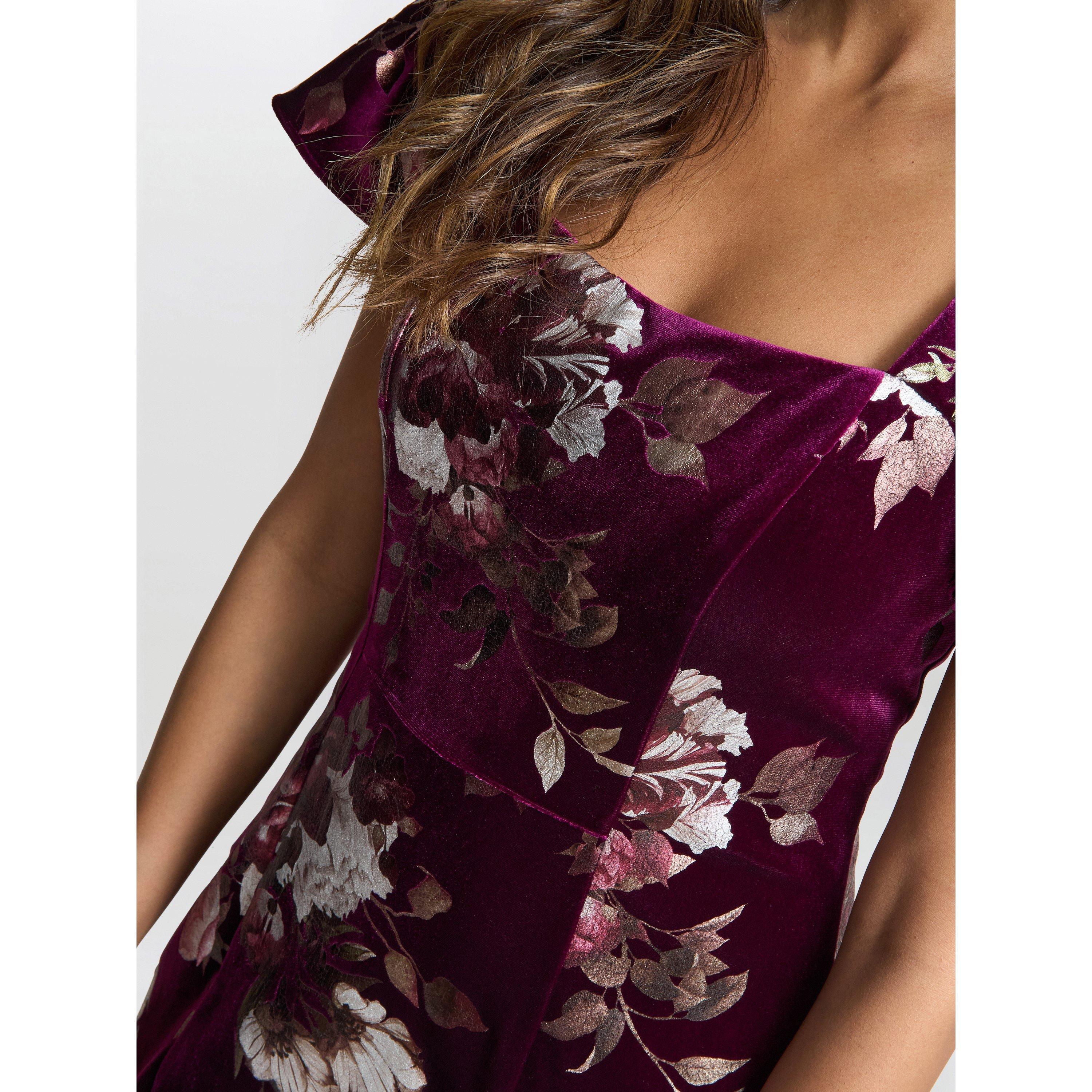 Magenta - Gina Bacconi - Paulina Foil Printed Velvet Dress - 5