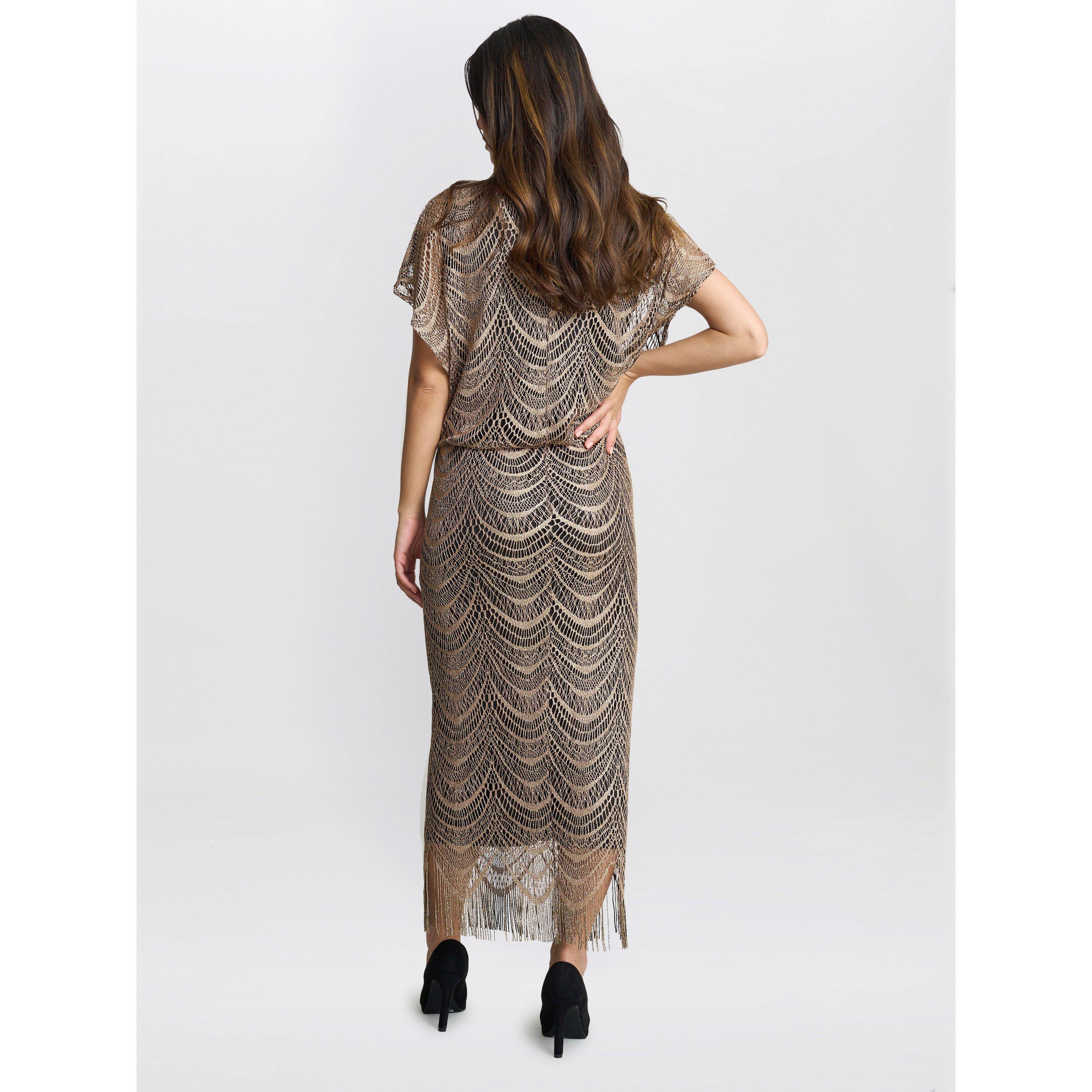 Black / Gold - Gina Bacconi - Arleen Long Blouson Fringe Hem Dress - 2