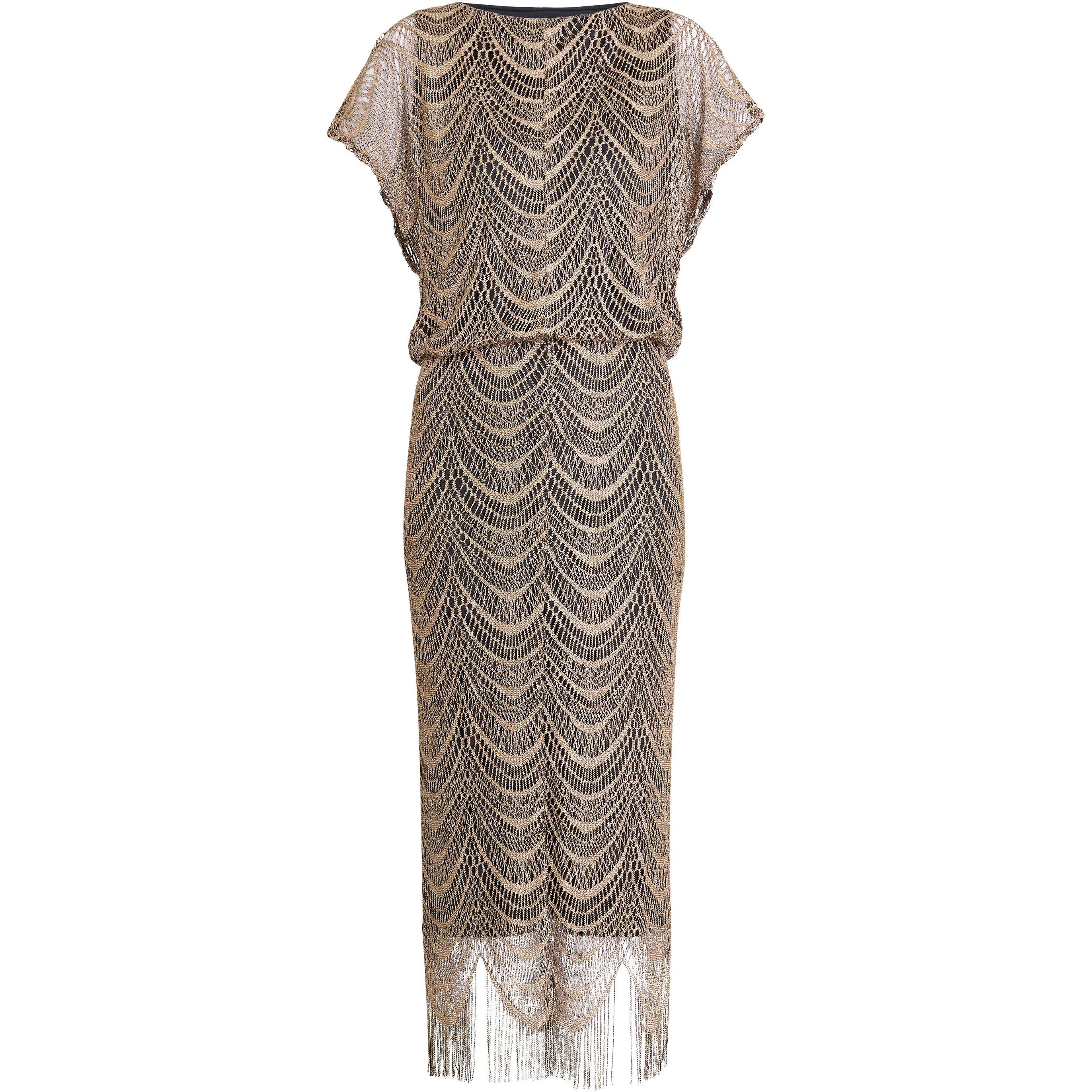 Black / Gold - Gina Bacconi - Arleen Long Blouson Fringe Hem Dress - 4