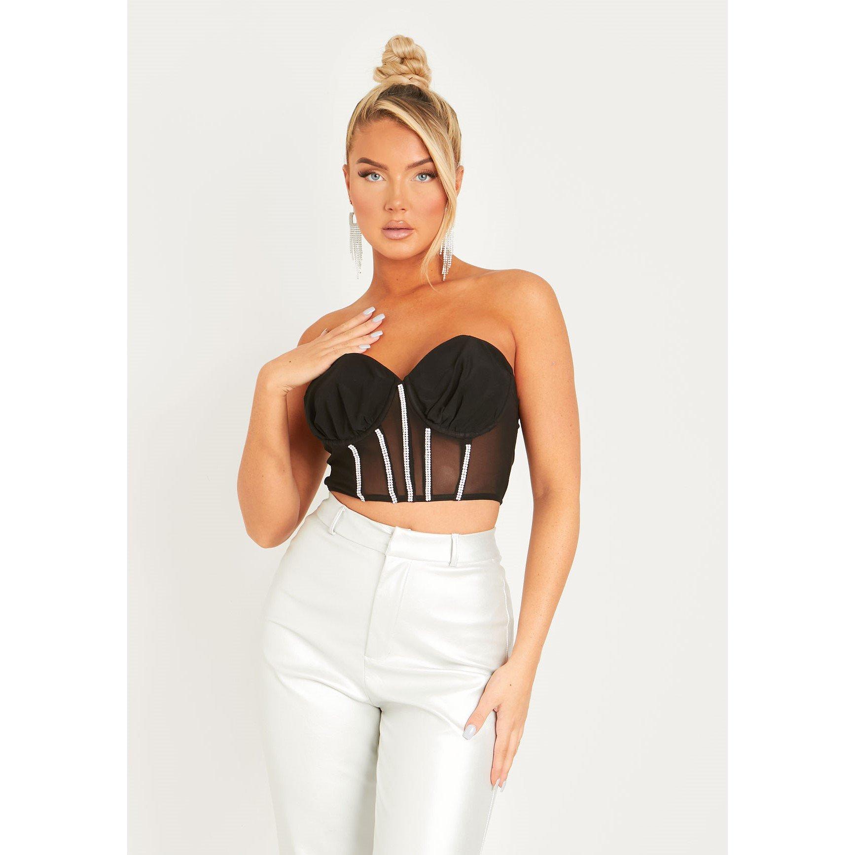 Missy Empire Women's Woven Mesh Structured Diamante Cropped Corset - Black - 6 (2XS)