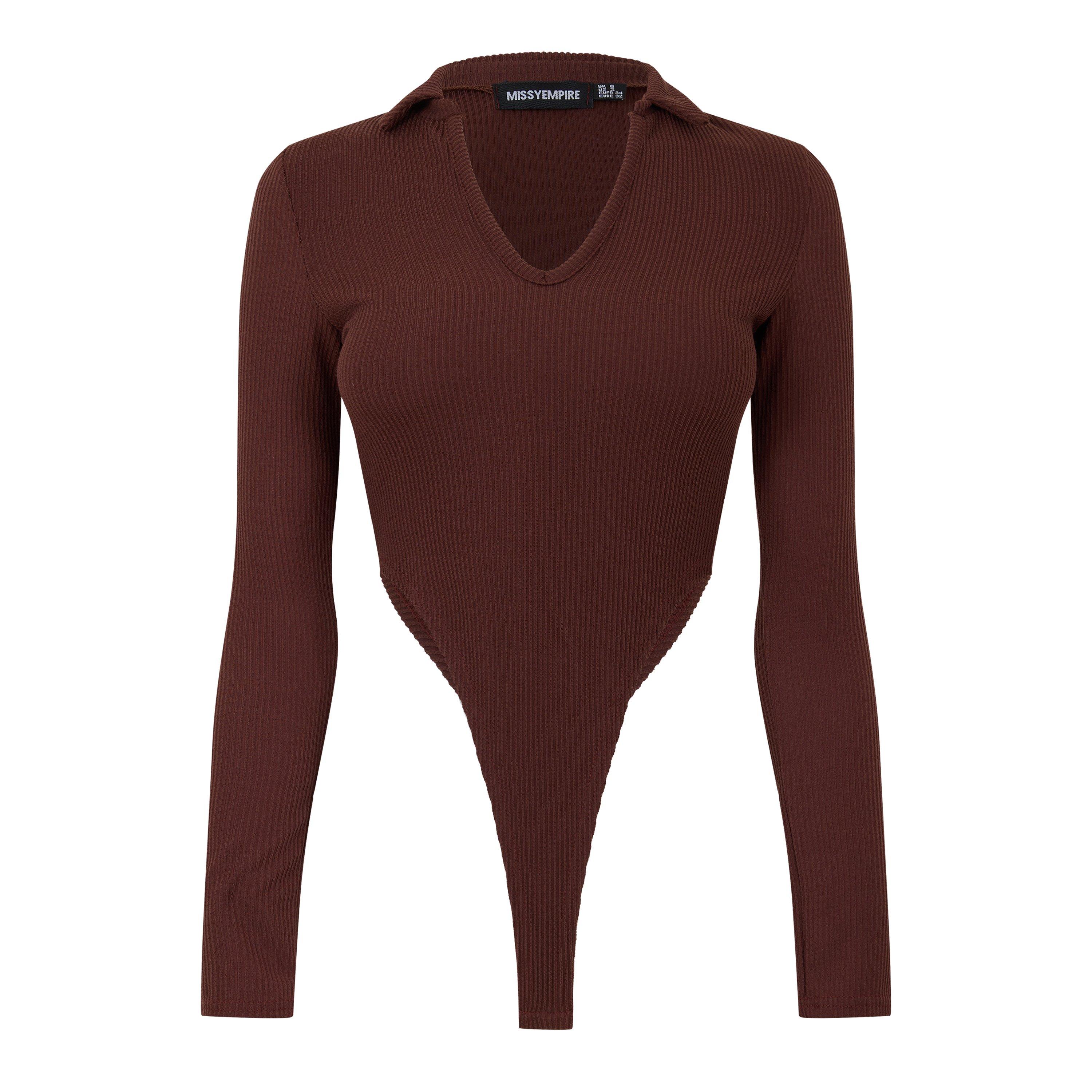 Chocolate - Missy Empire - Long Sleeve Collared High Leg Bodysuit - 1