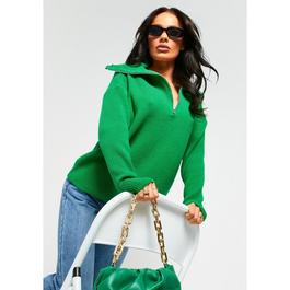 Missy Empire Rib Knitted Zip Up Oversized Collar Jumper