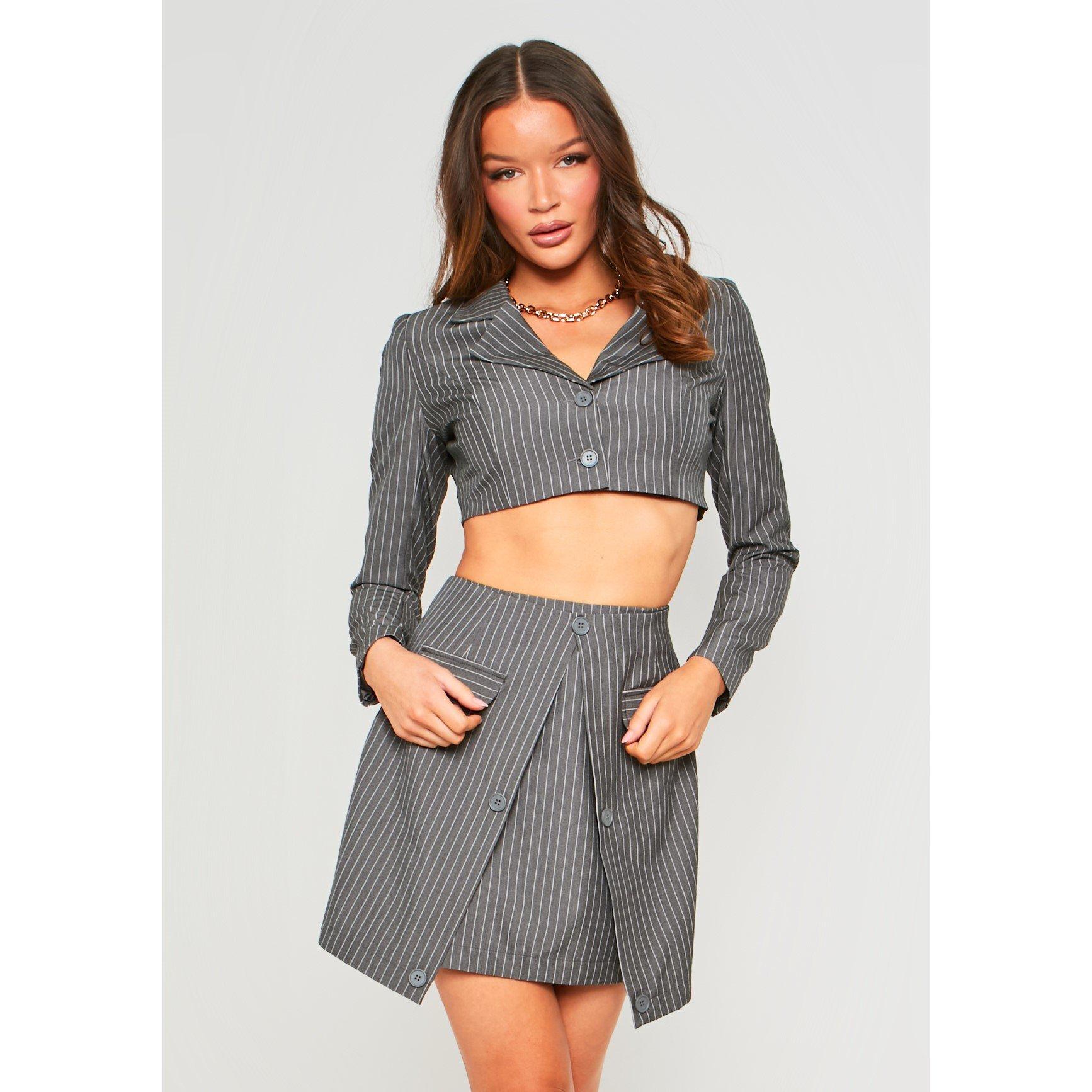 Missy Empire Women's Striped Tailored Button Up Asymmetric Mini Skirt - Charcoal - 6 (2XS)