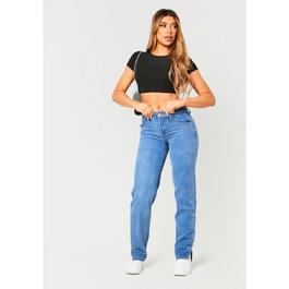 Missy Empire Mid Wash Blue Denim Low Rise Split Hem Jean