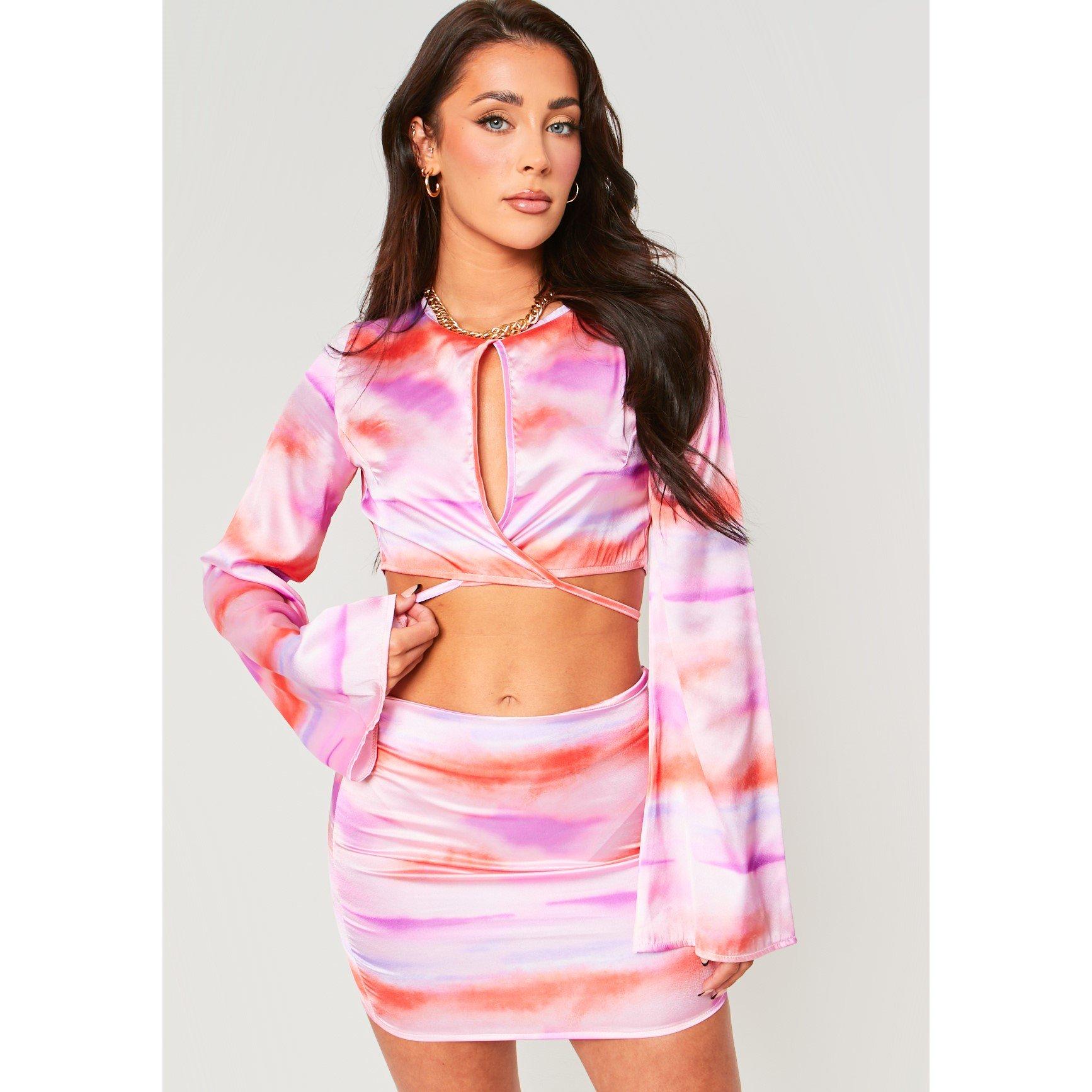 Lilac - Missy Empire - Abstract Print Tie Front Satin Crop Top