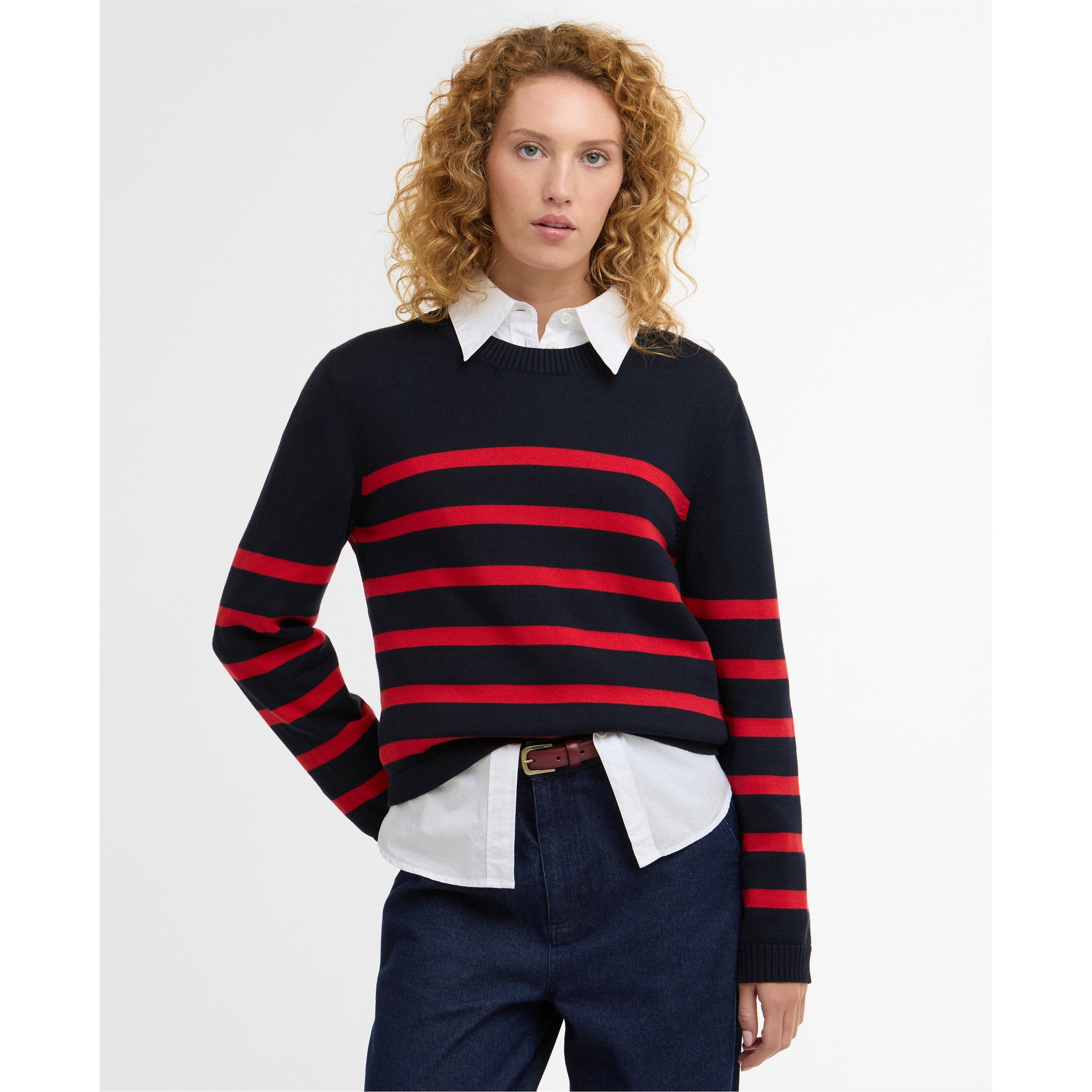 Navy/Poppy Red - Barbour - Womens Fern Striped Crew Neck Jumper - 2