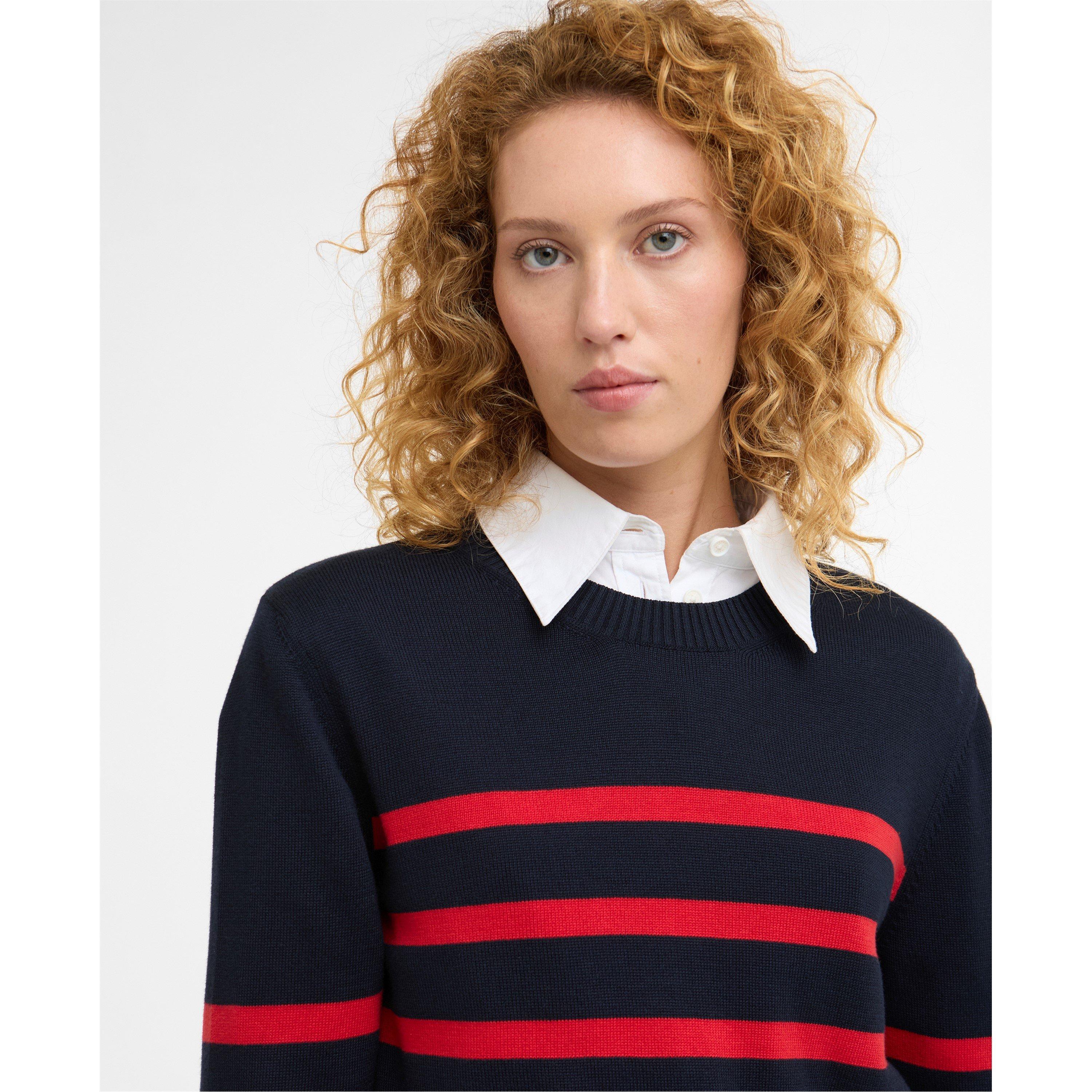 Navy/Poppy Red - Barbour - Womens Fern Striped Crew Neck Jumper - 4
