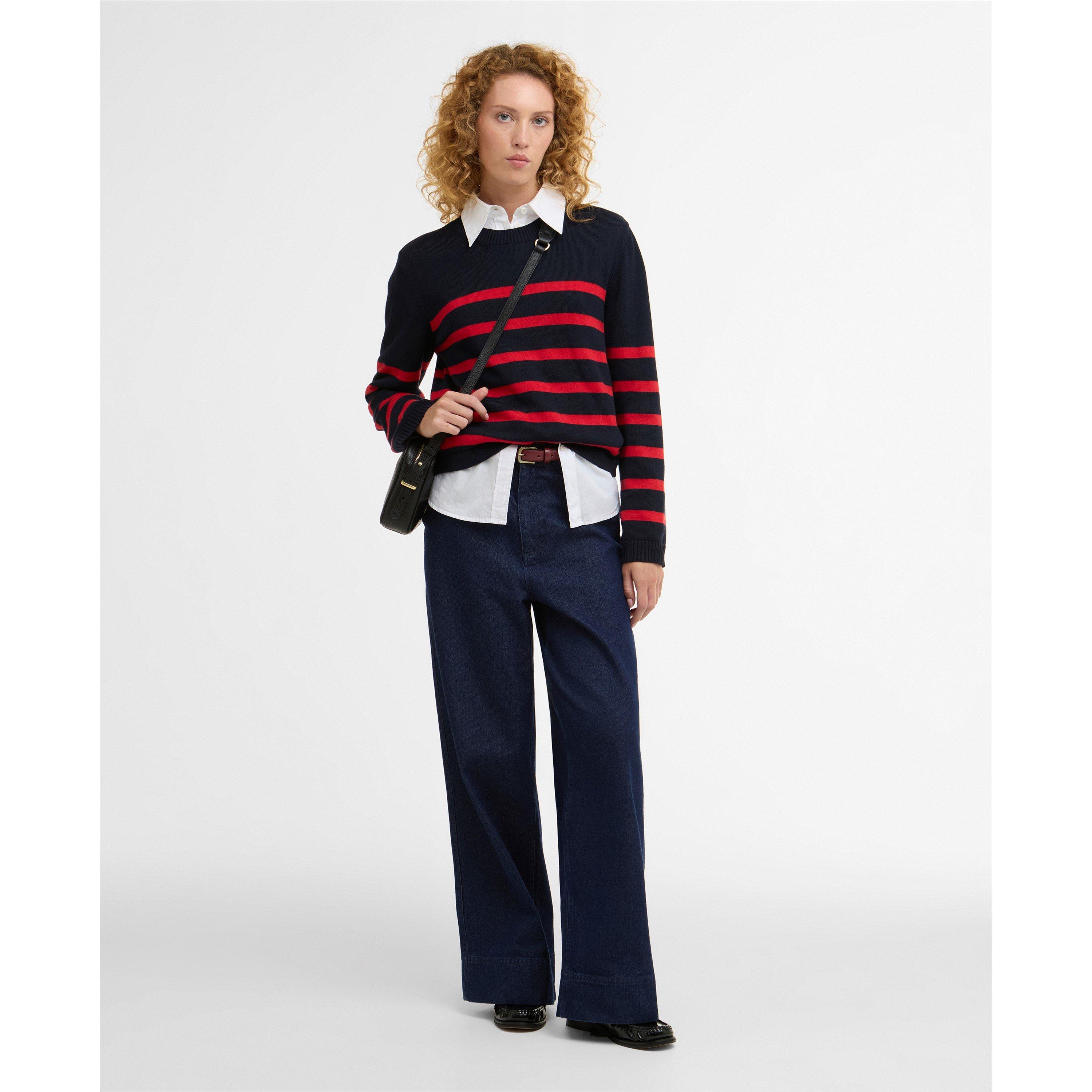 Navy/Poppy Red - Barbour - Womens Fern Striped Crew Neck Jumper - 6