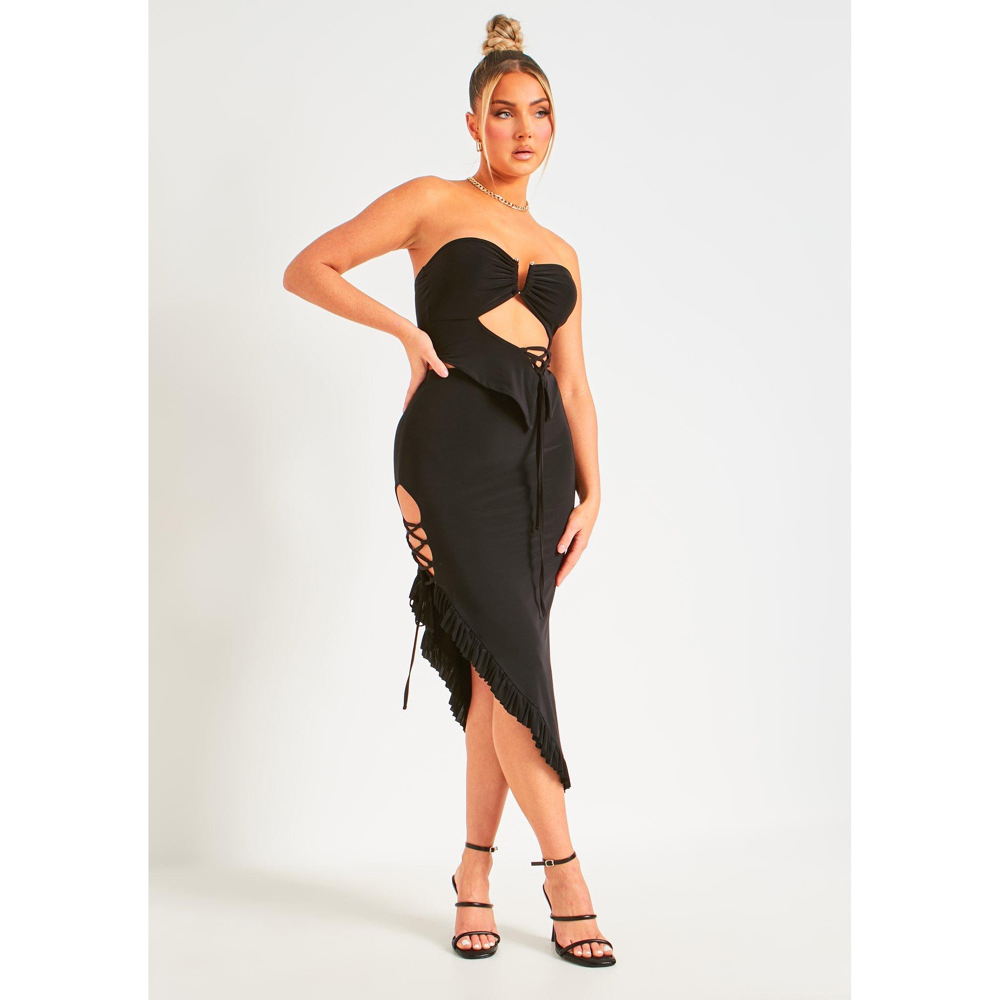 Black - Missy Empire - Slinky Lace Up Detail Frill Hem Midi Skirt