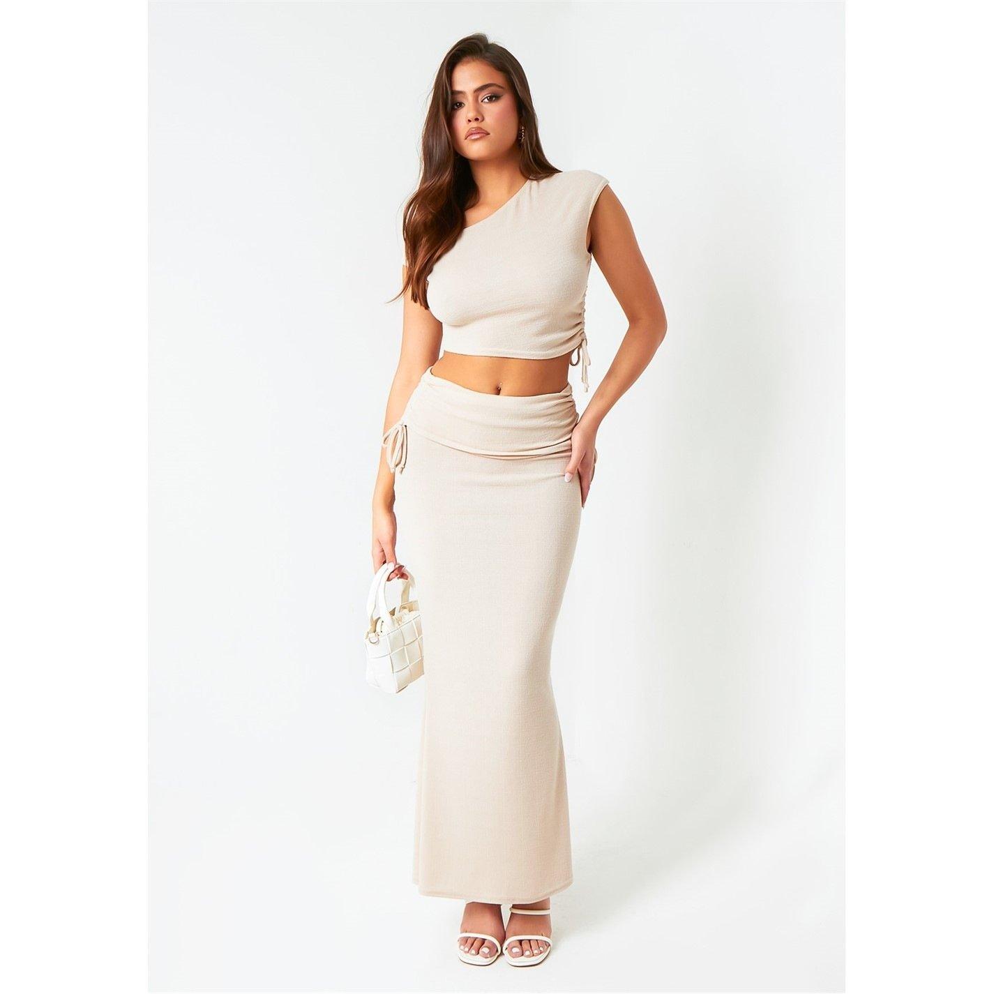 Beige - Missy Empire - Ruched Fold Over Maxi Skirt - 1