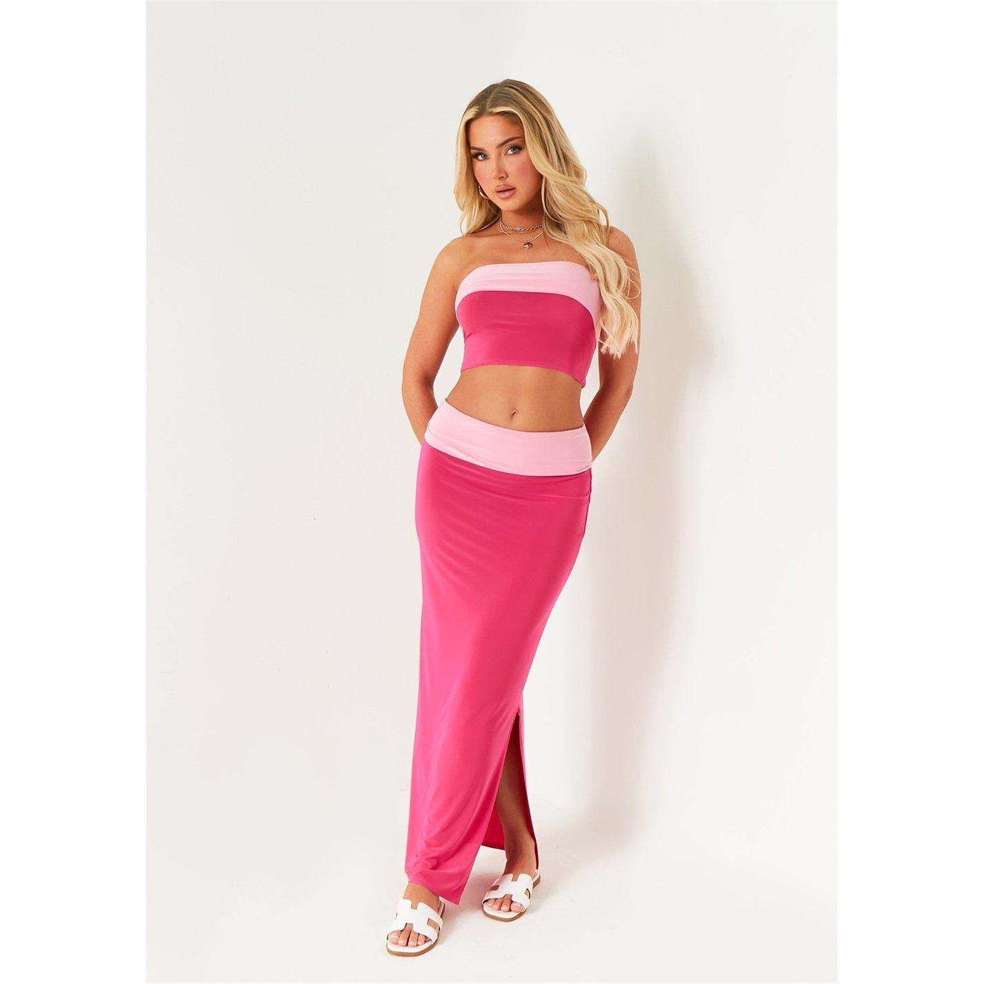 Pink - Missy Empire - Contrast Fold Over Slinky Bandeau Top - 2