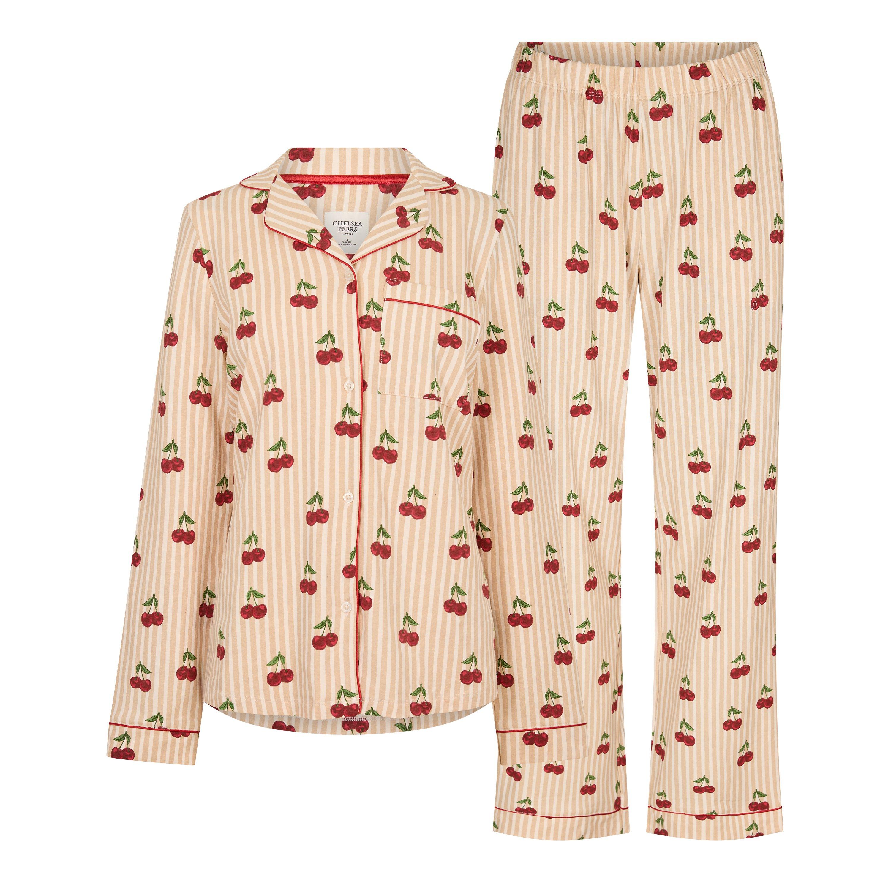 Chelsea Peers Women's Cotton Long Sleeve Pyjama Set - Cherry Stripes - 16 (XL)