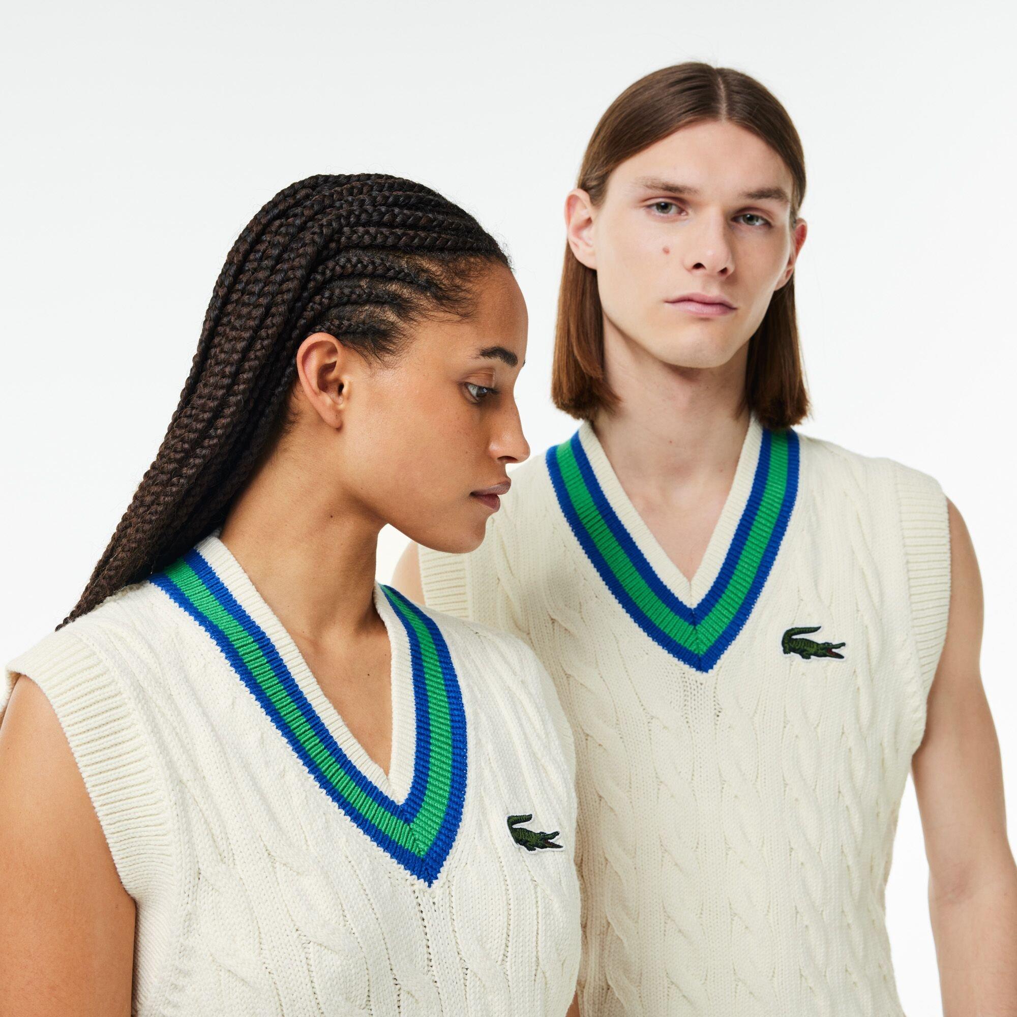 Flour/Cobalt - Lacoste - Men's V-Neck Cable Knit Sweater Vest - 2