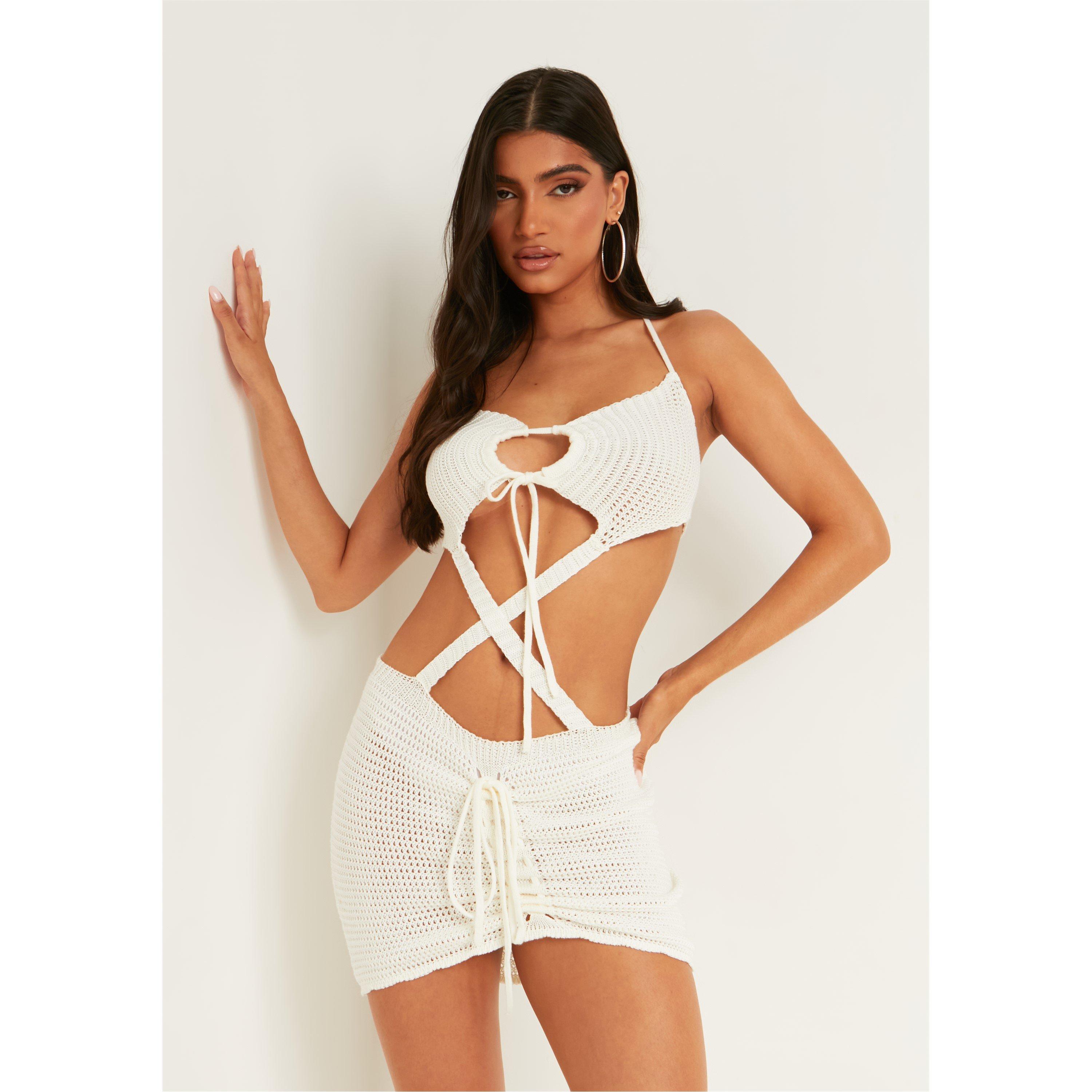 White - Missy Empire - Knitted Cut Out Halter Mini Dress