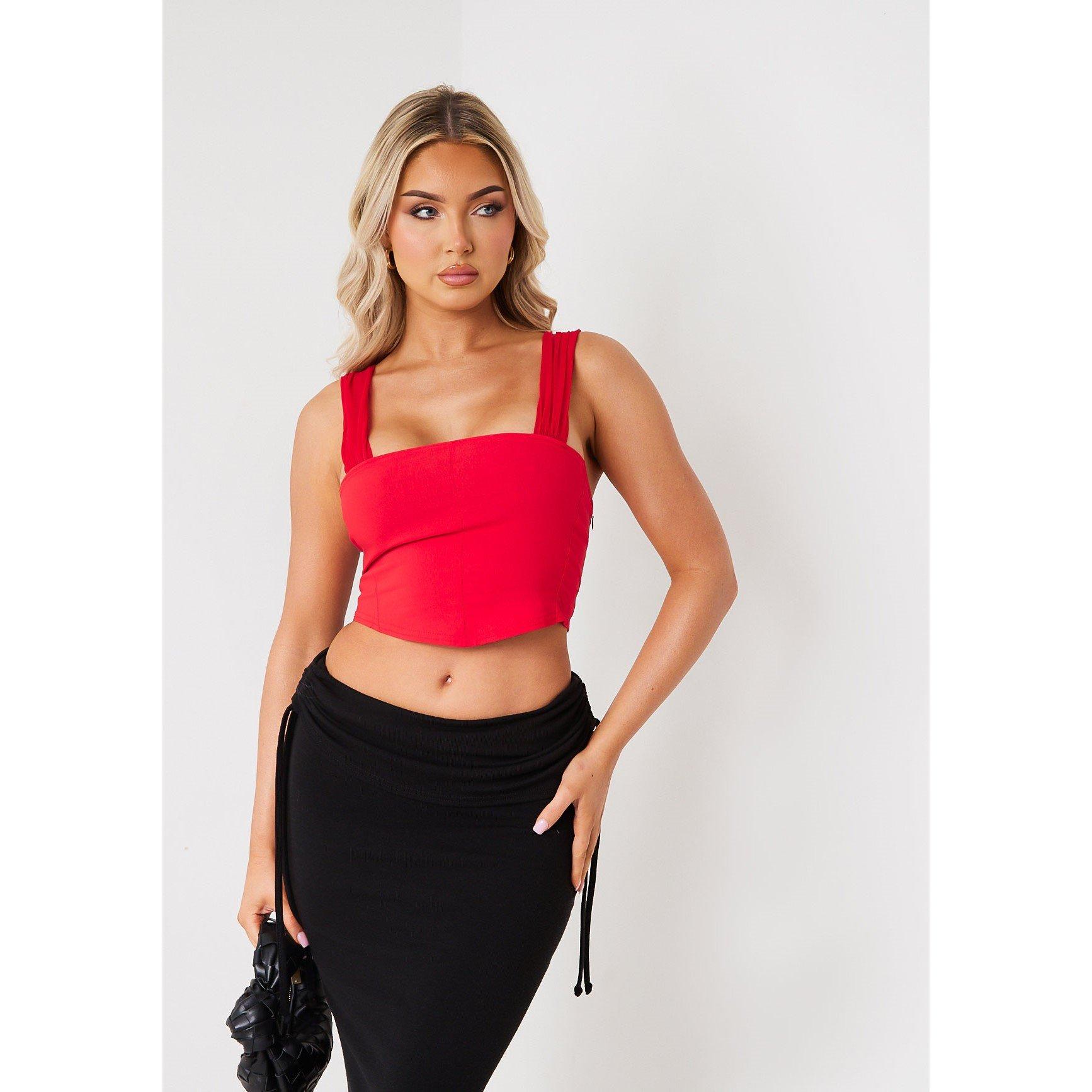 Missy Empire Women's Mesh Sleeve Corset Top - Red - 8 (XS)