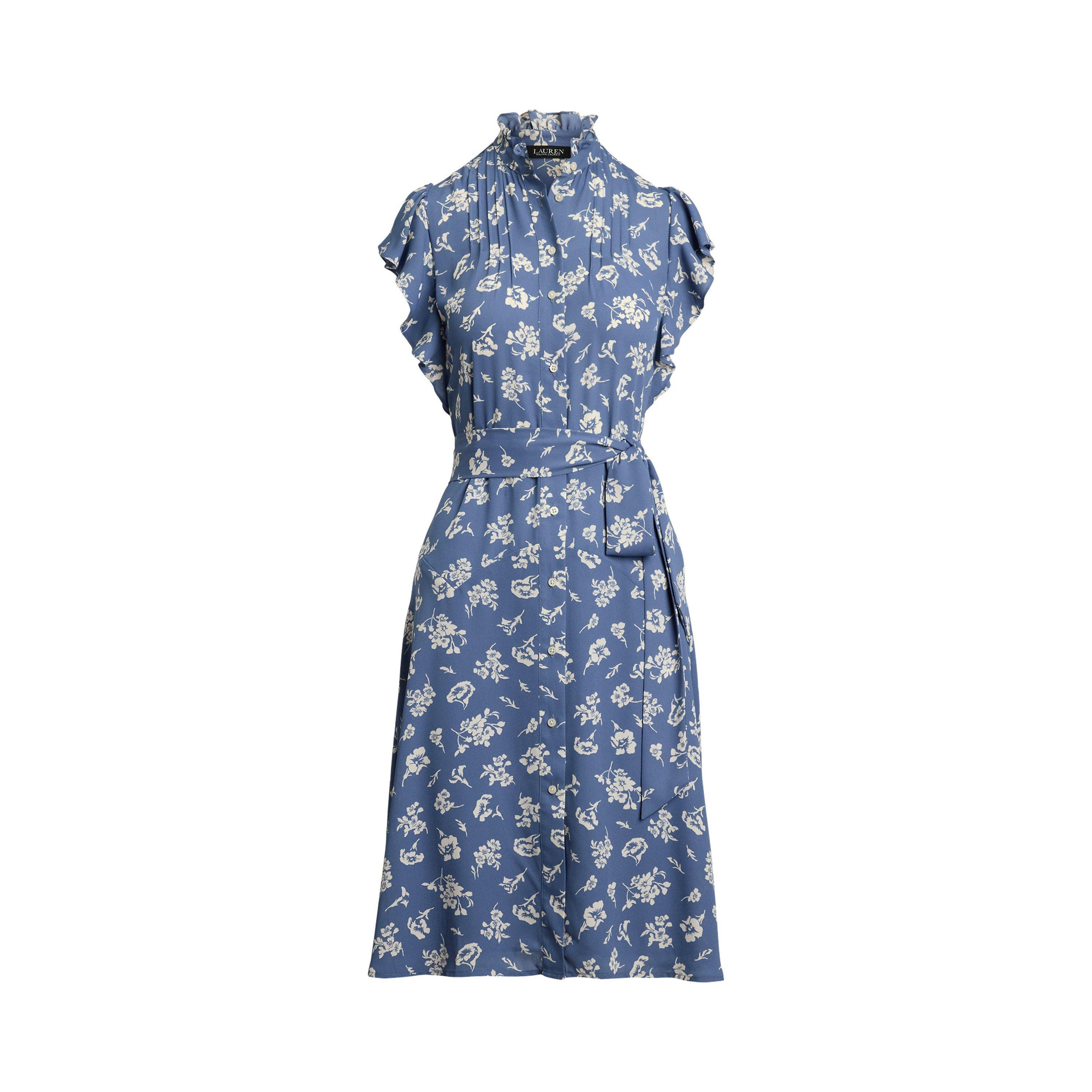 Lauren By Ralph Lauren Women's Blue/White Floral Belted Dress - 8 (XS)