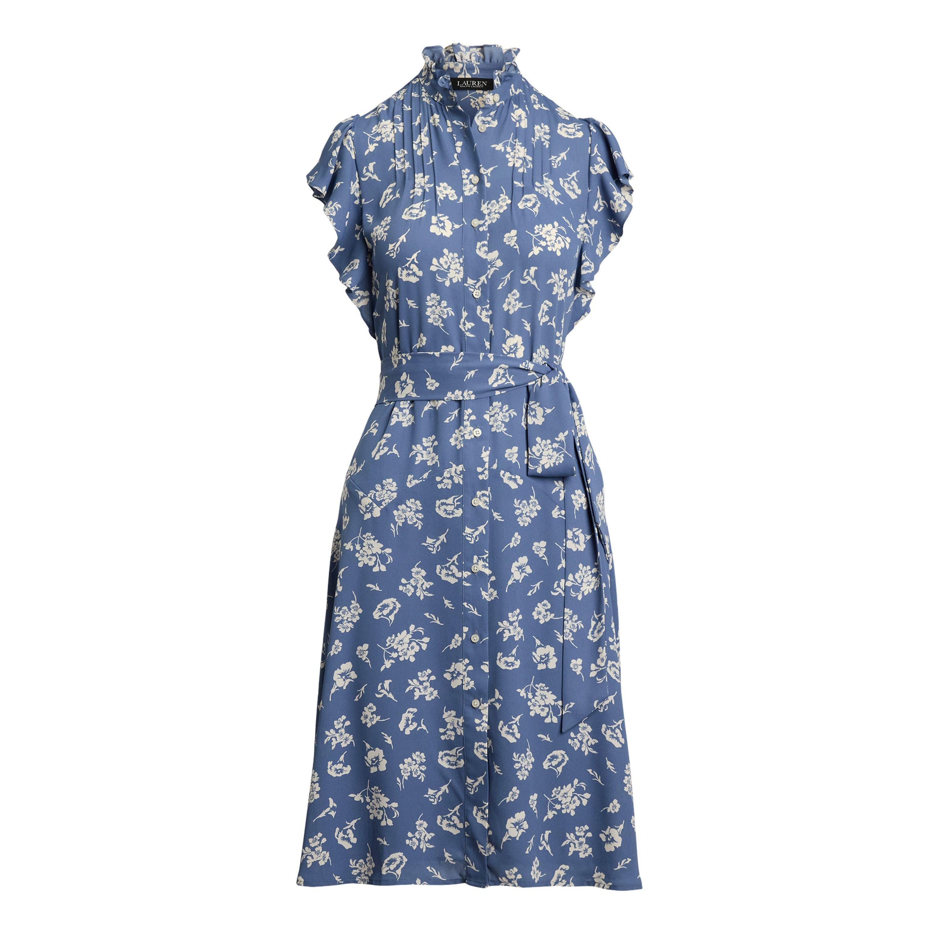 Blue/White - Lauren by Ralph Lauren - Floral Belted Dress - 1