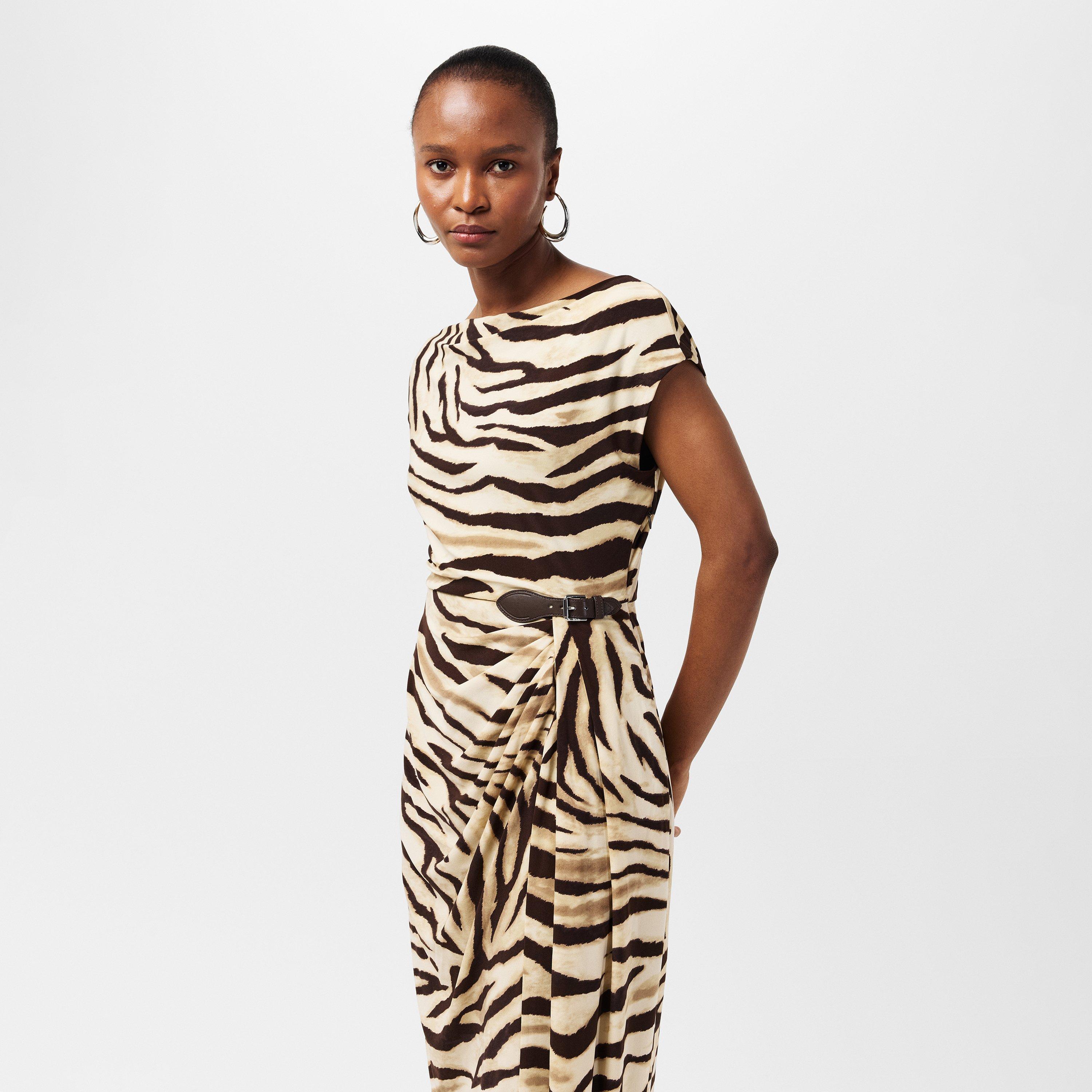 Cream/Brown - Lauren by Ralph Lauren - Women's Real Leather Hullen A-Line Dress - 3