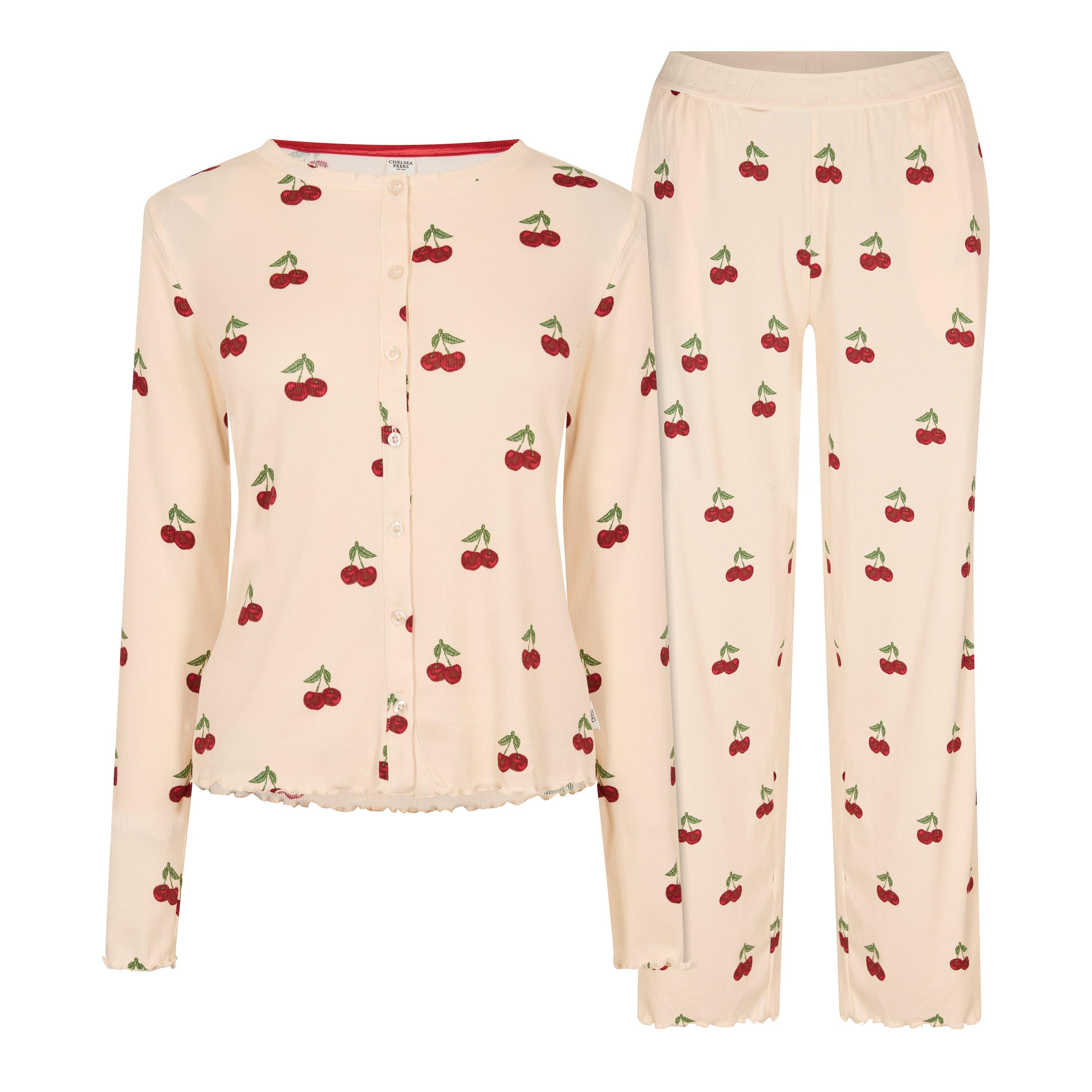 Chelsea Peers Women's Ribbed Long Sleeve Pyjama Set - Cherry Stripes - 16 (XL)