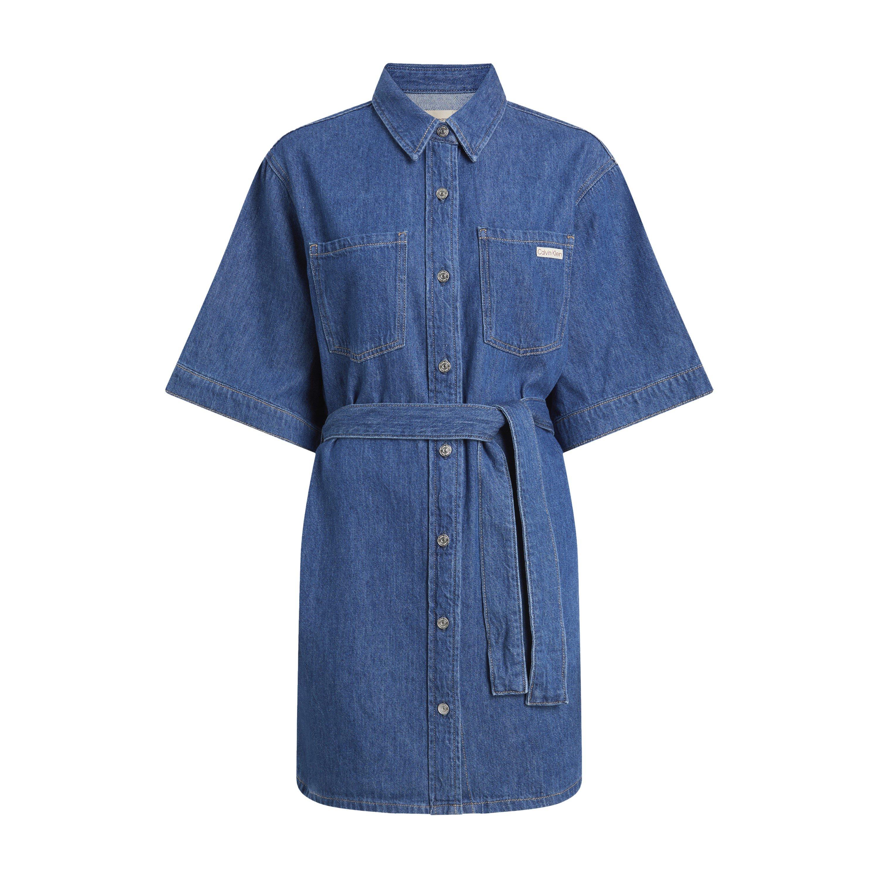 Denim Medium - Calvin Klein Jeans - Women's Linen Boxy Belted Wrap Dress - 1